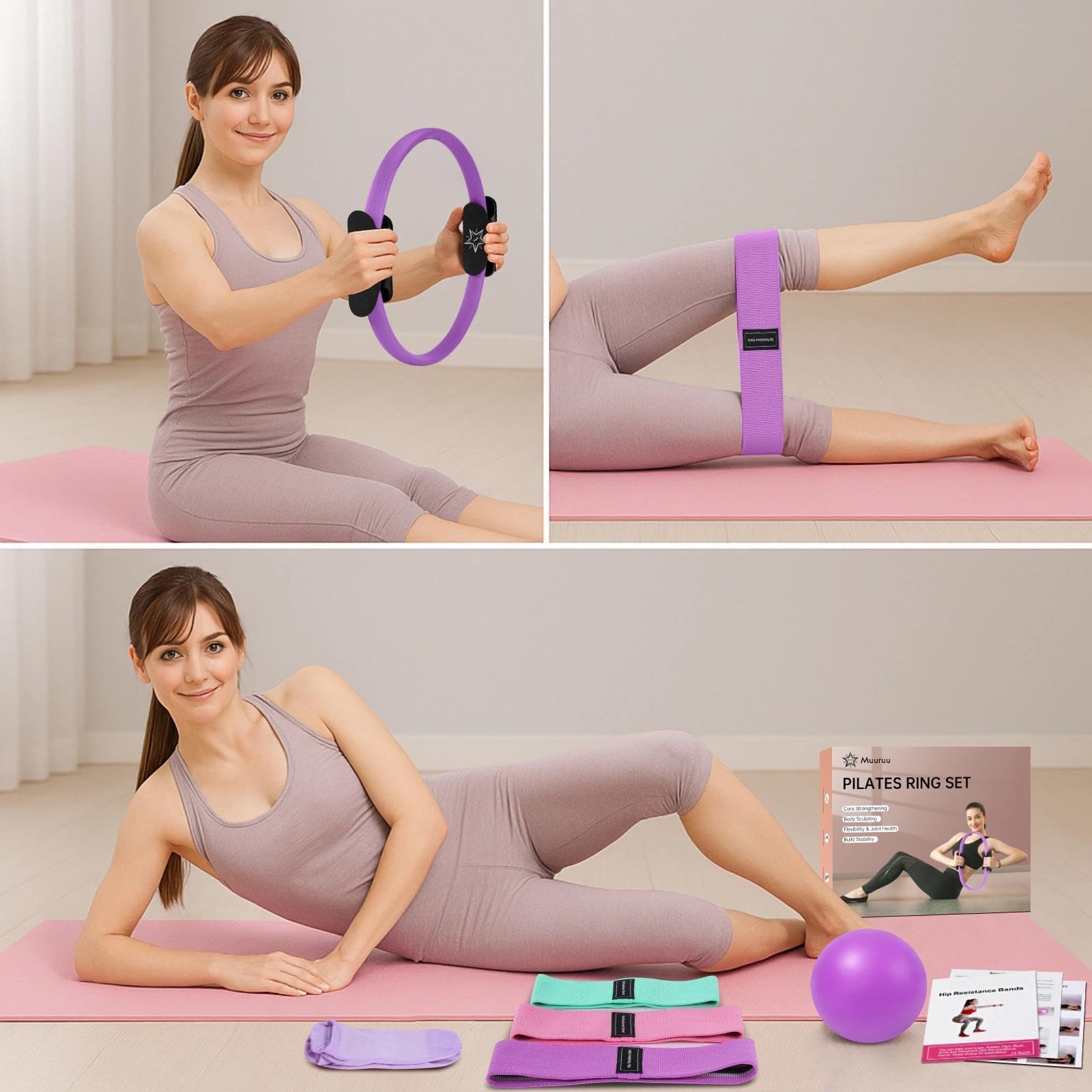 Pilates Set, Pilates Ball Pilates Ring Zubehör Set für Zuhause, Pilates Essential Kit für Frauen mit Yoga Ball, Yoga Ring, Pilatesring und Zubehör für Stretching und Fitness
