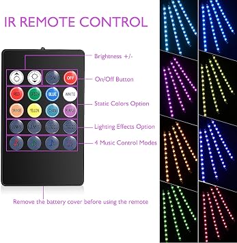 Car LED Strip Lights Christmas, 4Pcs 48 LED Interior Lights, Multicolor Music Car Strip Light Under Dash Lighting Kit with Sound Active Function and Remote Controller, DC 5V