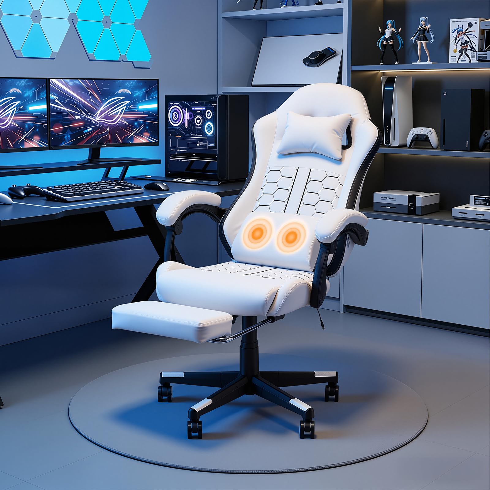Warmiehomy Racing Gaming Chair for Adults with Footrest and Massage, Ergonomic Video Game Chairs with Lumbar Support,Reclining Computer Chairs, 360° Swivel, Height Adjustable,White