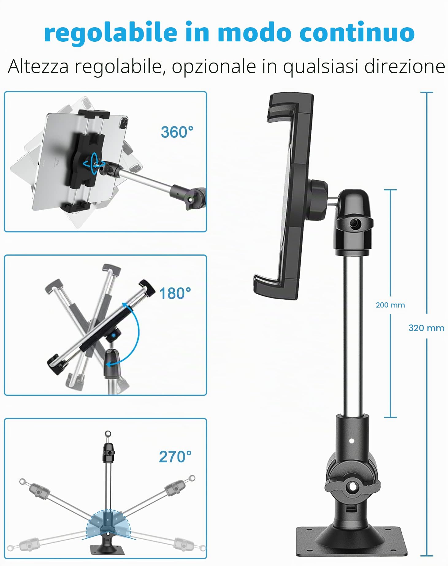 Oilcan Supporto Tablet Parete con Braccio in Metallo Regolabile, Porta Muro iPad con Base Trapano per Cucina/Bagno/Palestra/Bancone, per iPad Mini Air Pro, Galaxy, Lenovo, iPhone 4-12,9"