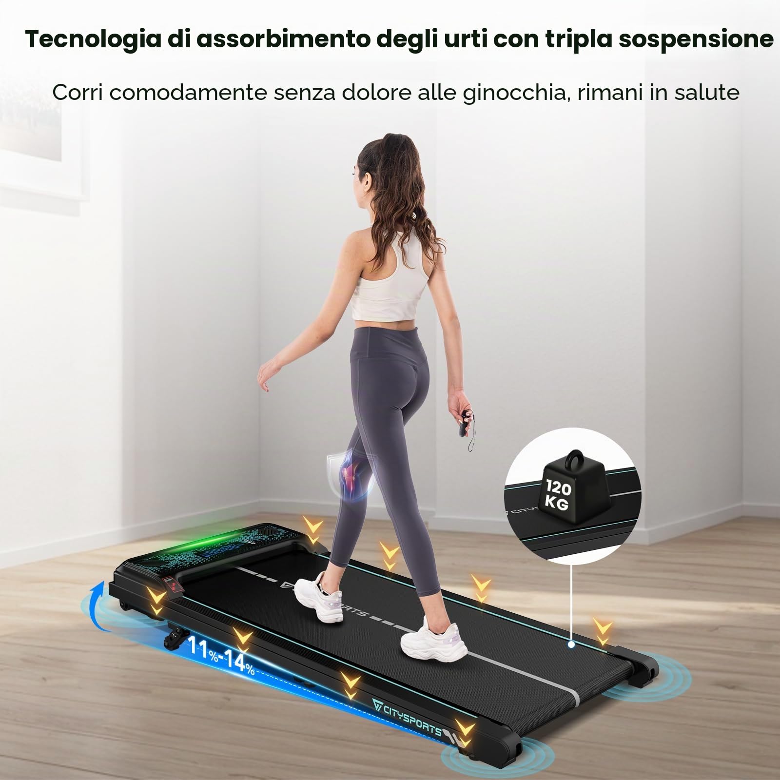 CITYSPORTS Tapis Roulant électrique 11 %–14 % inclinable – Tapis de Course compact avec LED & éclairage d’ambiance, 1–6 km/h, silencieux, télécommande, idéal maison et bureau