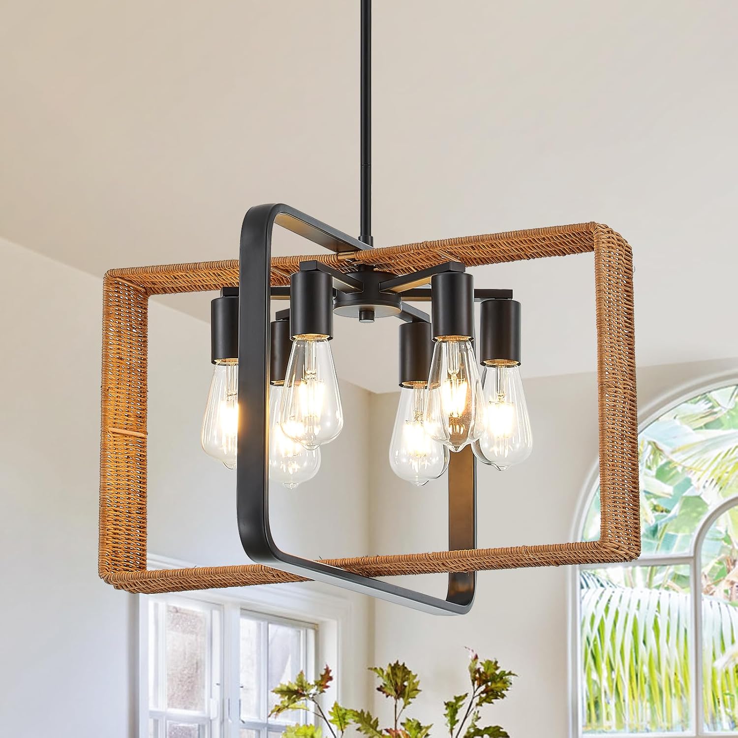 VILUXY 4-Light Black Pendant Light Fixture 15.7’’ Farmhouse Chandelier Light Fixture Rustic Geometric Hanging Pendant Lights with Woven Rattan Shade for Kitchen Island Entryway Dining Room