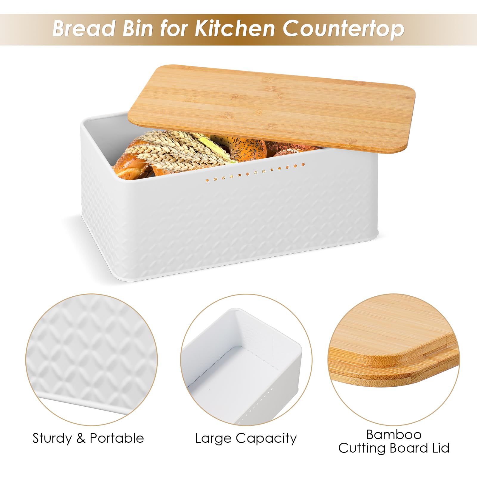 Phyllia Panera, panera de metal con tapa de bambú que se puede utilizar como tabla de cortar, soporte para almacenamiento de pan para encimera de cocina, 13 x 7 x 5.3 pulgadas (blanco)