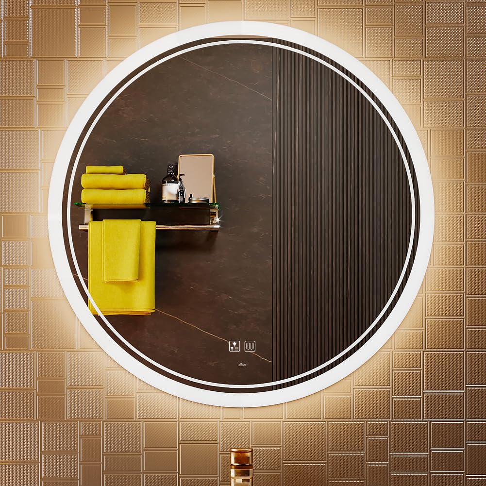 KWW Espejo de Tocador de Baño Circular LED Moderno a Gran Escala, Temperatura de Color Ajustable, luz Ajustable Antiniebla, Espejo Montado en la Pared Horizontal/Vertical (70_x_70_cm)