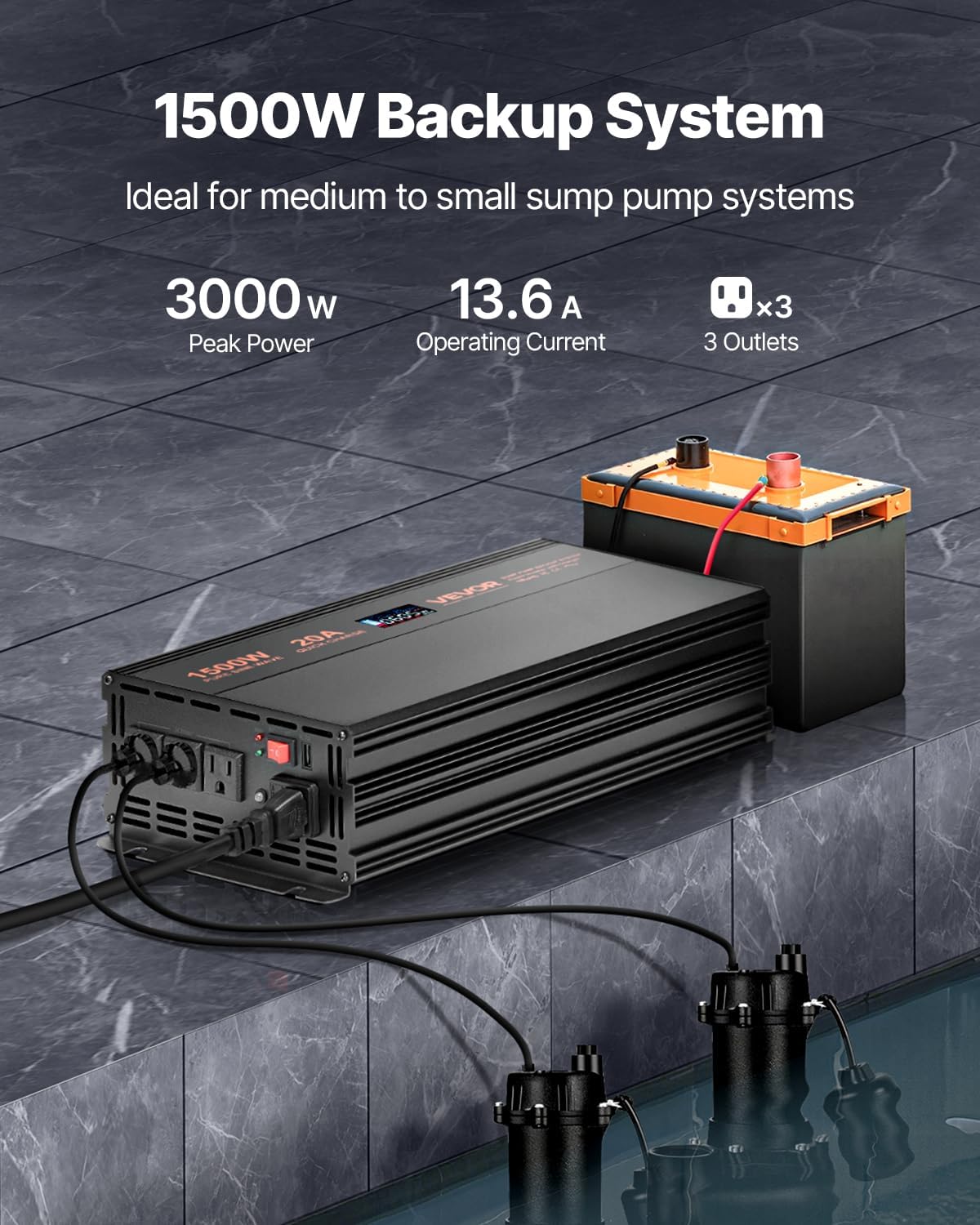 vevor sump pump battery backup system, 1500w, auto switches to battery inverter for continuous sump pump operation, pure sine wave, lcd display, for basement protection emergency and power outage