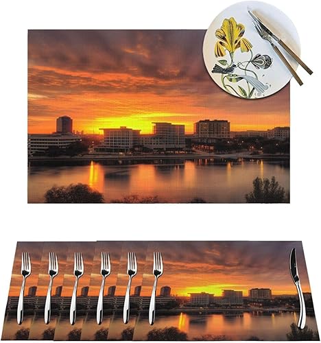 6 PCS PVC Placemats Set Place Mats Irving Texas Sunset Non-Slip Weave Place Mats 12" x 18" Farmhouse Table Mat Set for Family Dinners Wedding Parties