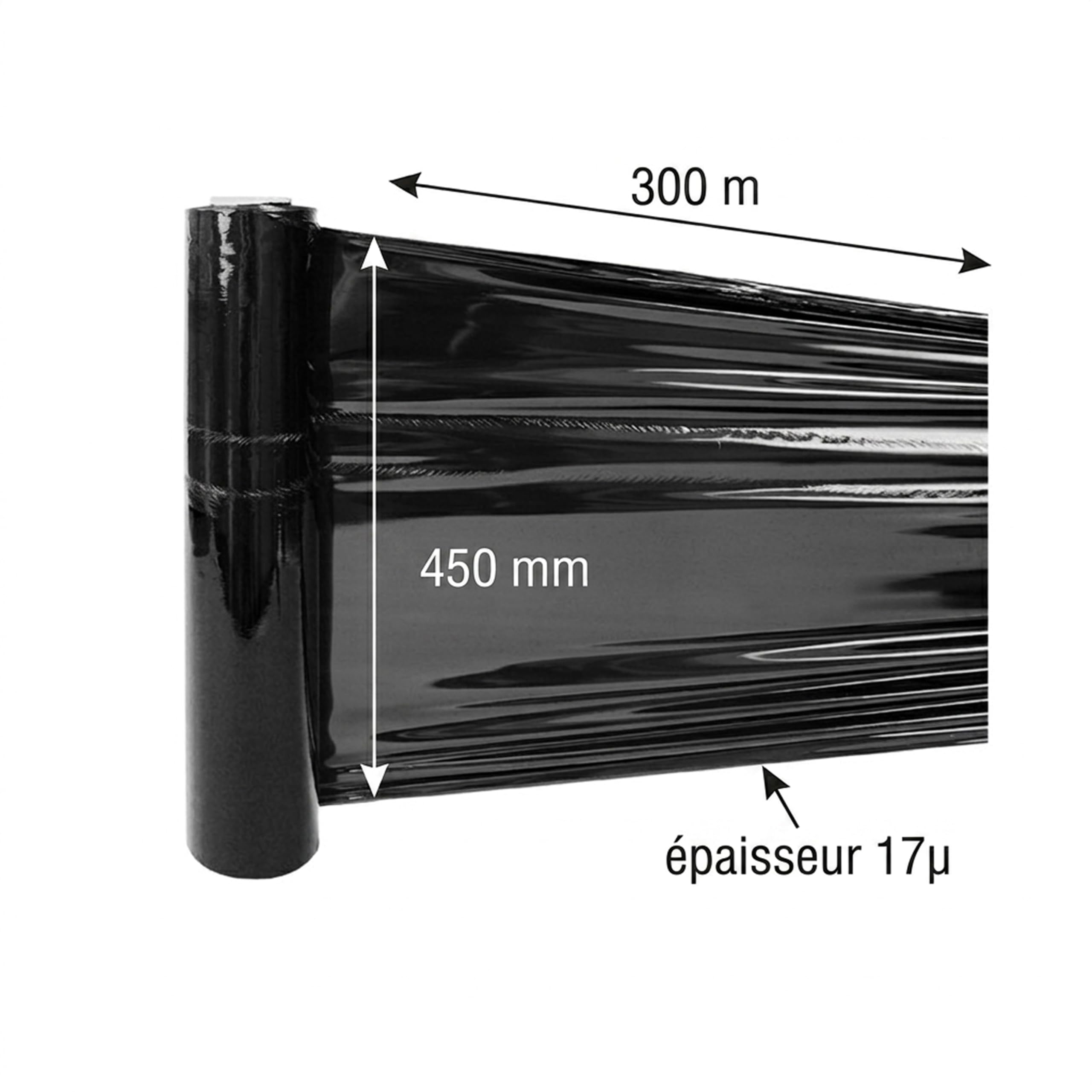 JECO - Lot de 12 bobines de film étirable manuel noir opaque 450mm x 300m 17µ rouleaux film extensible pré-étiré emballage palette colis déménagement