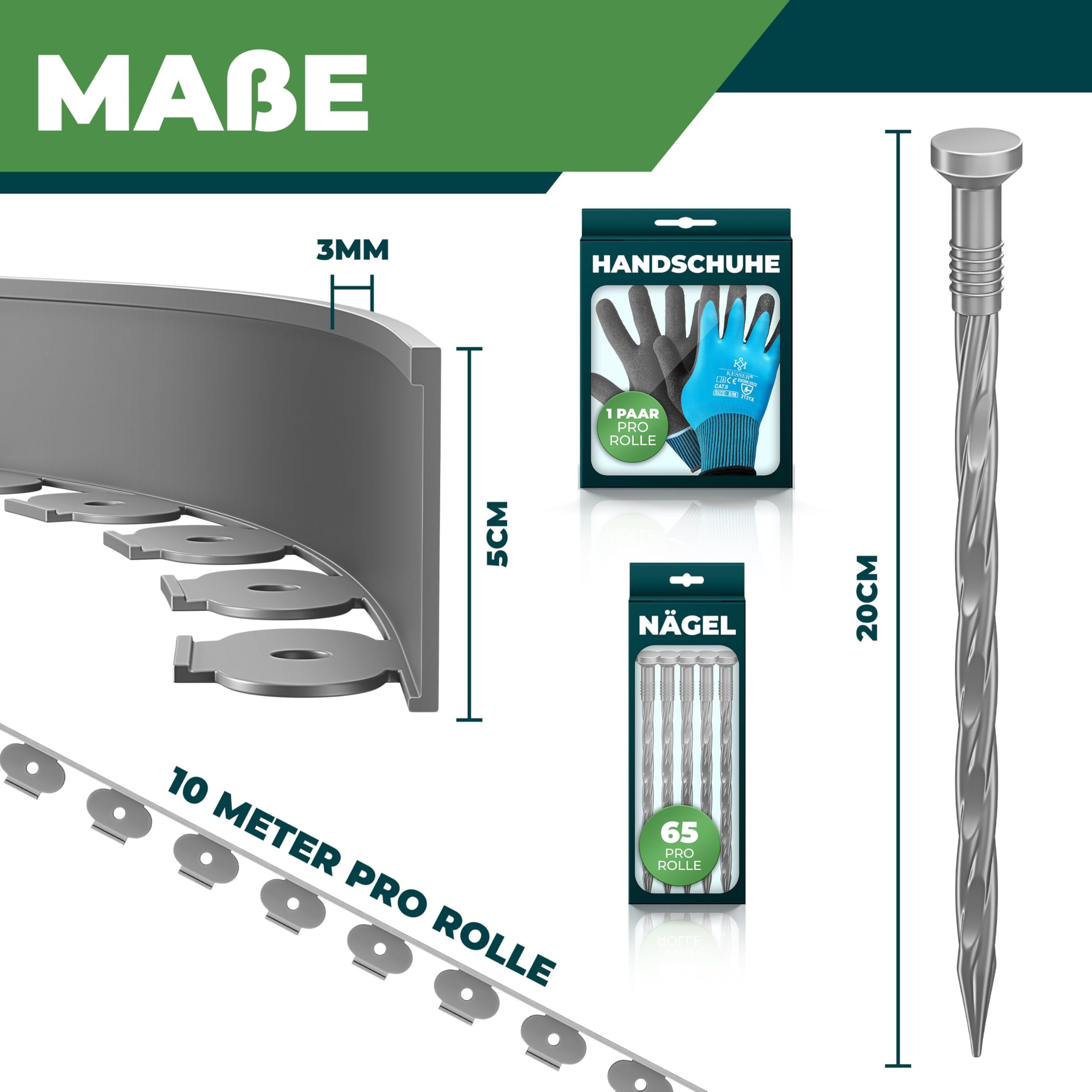 KESSER® Flexible Rasenkante aus Kunststoff Länge 10m Höhe 5cm, mit 65 Erdanker + 1 Paar Handschuhe Beeteinfassung Beetumrandung Beetbegrenzung Mähkante Pflastersteine Palisade - Grau