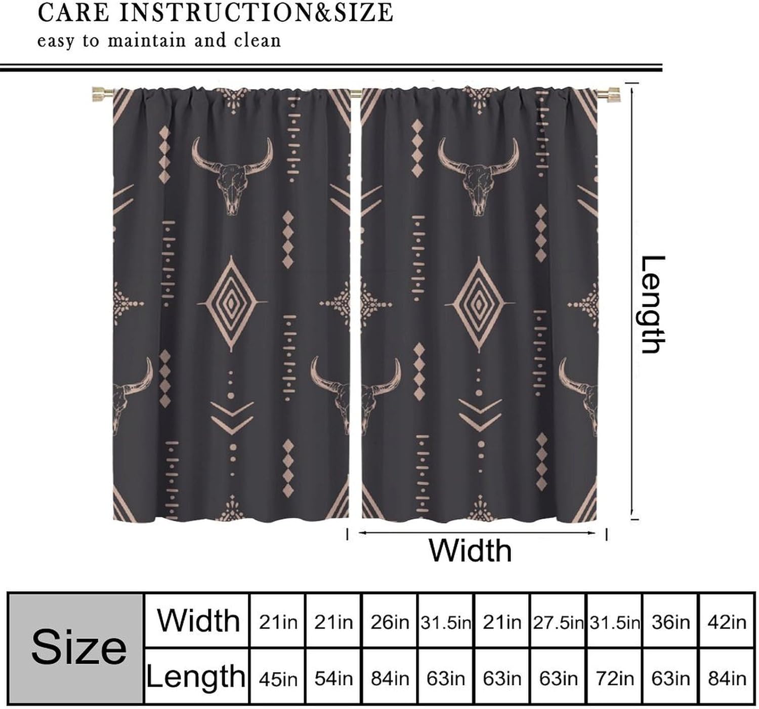Western Curtains Bull Skull Boho Aesthetic Aztec Art Print for Bedroom Living Room Kitchen Decor Rod Pocket Blackout Window Drape 42x63in