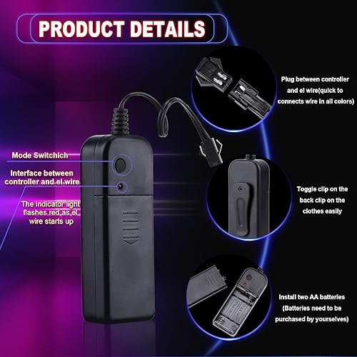 Miniatura 4 de Tuanse Paquete de 10 luces LED de alambre EL de Navidad de 9.8 pies con batería, luces de neón portátiles, cortables, brillantes, estroboscópicas,