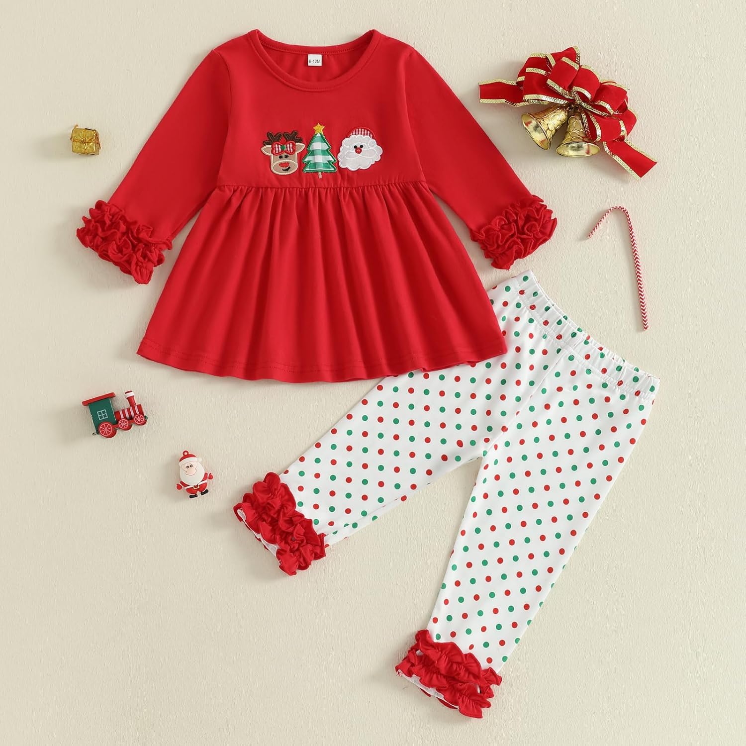 Toddler Girl Christmas Outfits Tree Santa Embroidery Shirts Tunic Top and Ruffle Pant 2Piece Holiday Clothes Set - Image 7