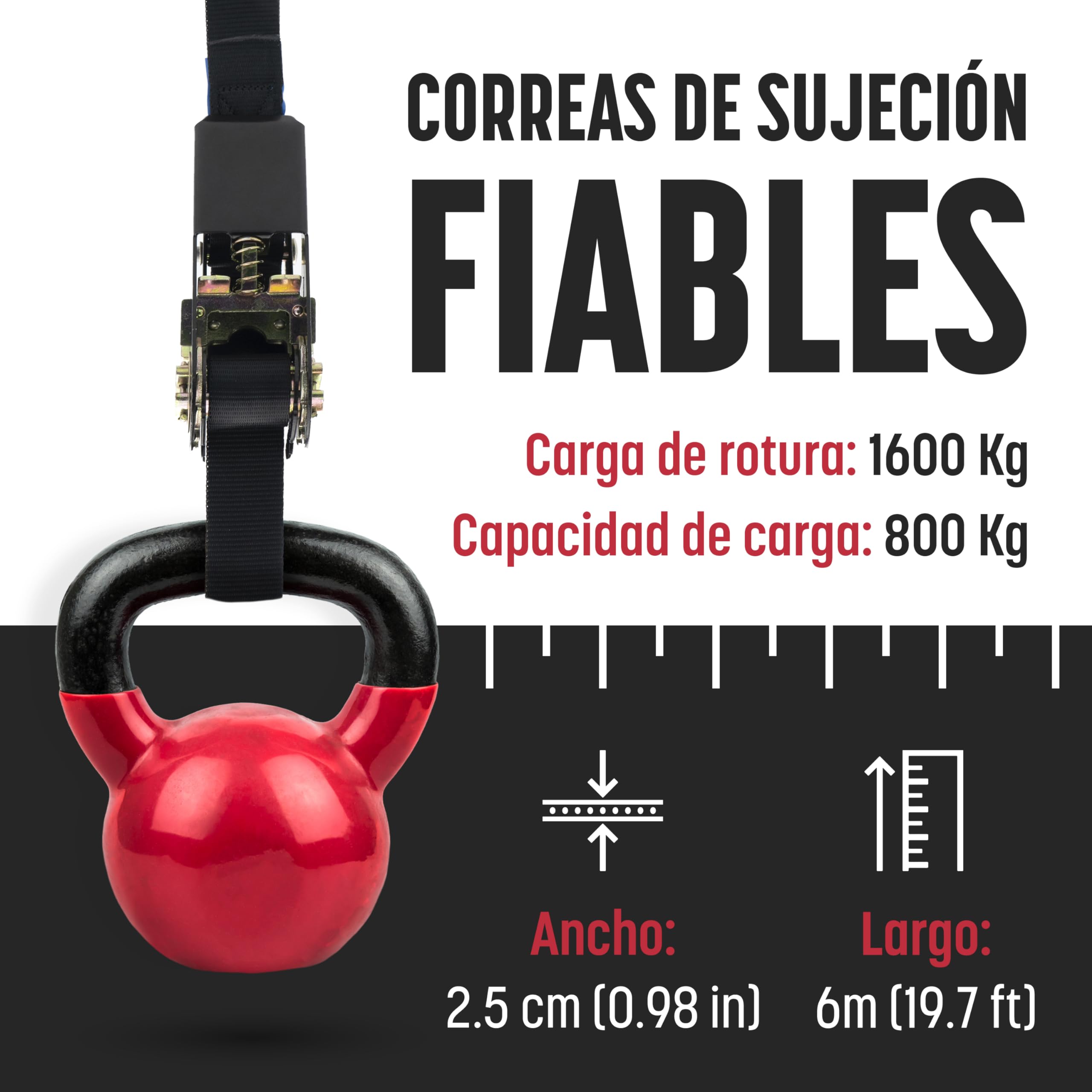 MAGMA 2 Correas de Trinquete 6m, 800Kgf/unit. Cinchos, Cinchas de Amarre, Eslingas con Carraca, Remolque Baca Kayak Tabla de Surf Piraguas Canoa Bicicleta Moto, Longitud Ajustable. Negro — view 3