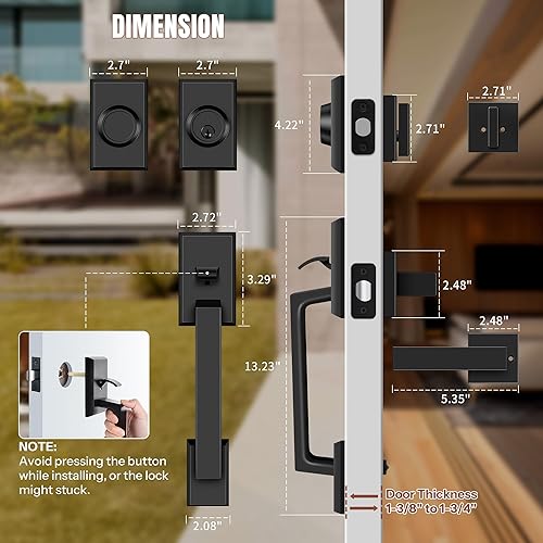 Miniatura 5 de Juego de cerraduras dobles para puerta delantera, manija de puerta delantera con llave con maniquí, palanca de puerta cuadrada resistente y cerrojo
