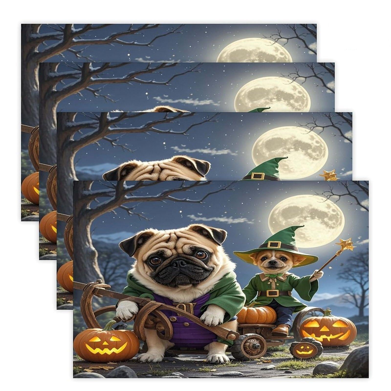Dog and Pumpkin Carriage Placemats Non-Slip Heat Resistant Table Mats Flax Washable Cloth Place Mats Easy to Clean Premium Placemat for Kitchen Dining Table Decor Party Outdoor