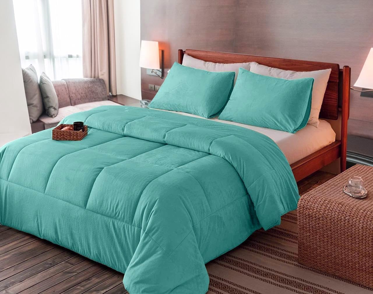 Full Velvet Comforter Set 3 Piece (Comforter + 2 Pillowcases) Warm Fluffy Crinkle Crushed 500 GSM Velvet Quilt Venice Velvet Lush Comforter - Aqua