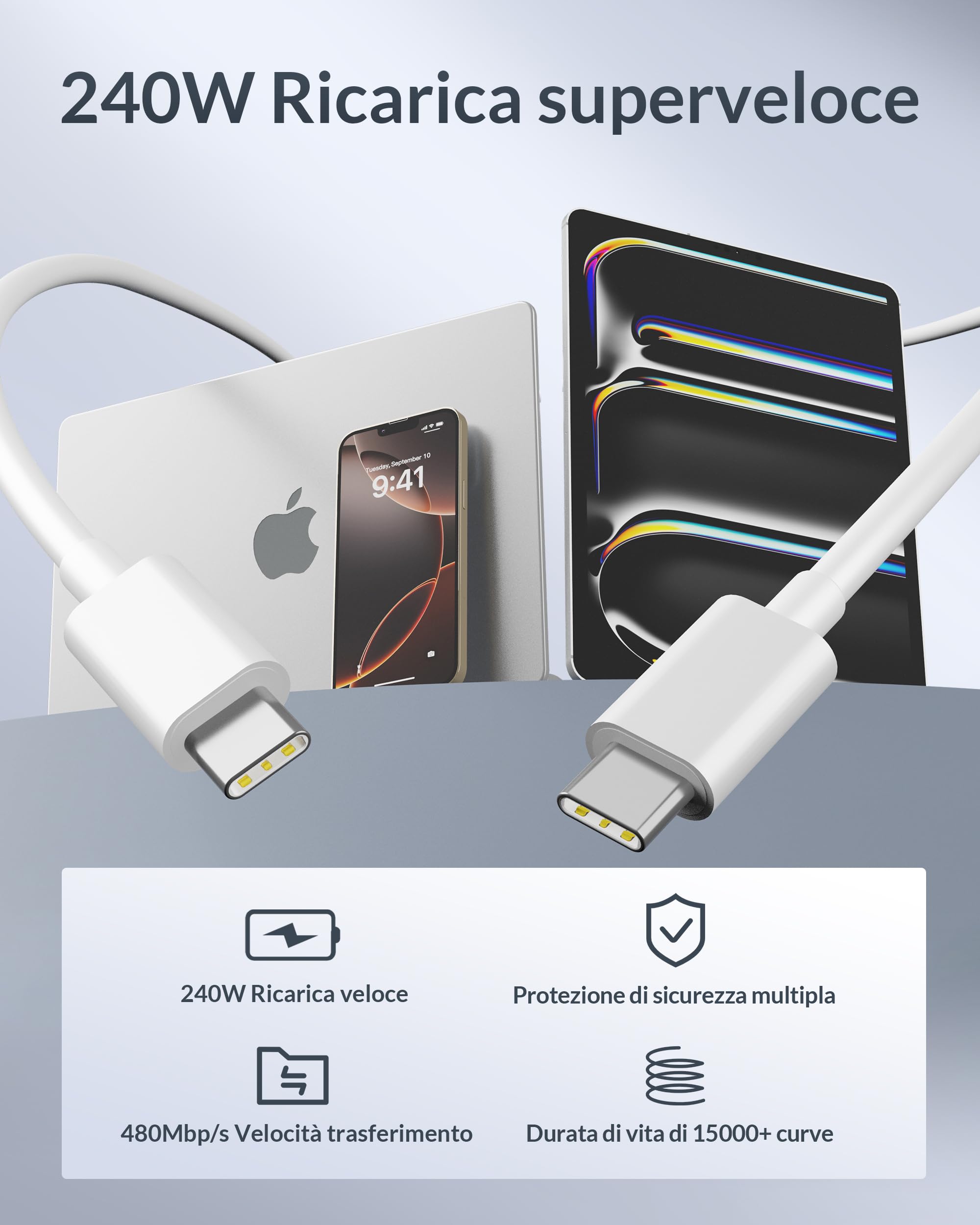 240W Cavo USB C a USB C, [2-Pezzi 2M] Cavo USB Type-C Ricarica Rapida PD Cavo Tipo C Filo Caricatore per iPhone 17/Air/16/16e/15 Pro Max Plus, iPad Pro/Air, Samsung Galaxy S25/S24, MacBook, Laptops