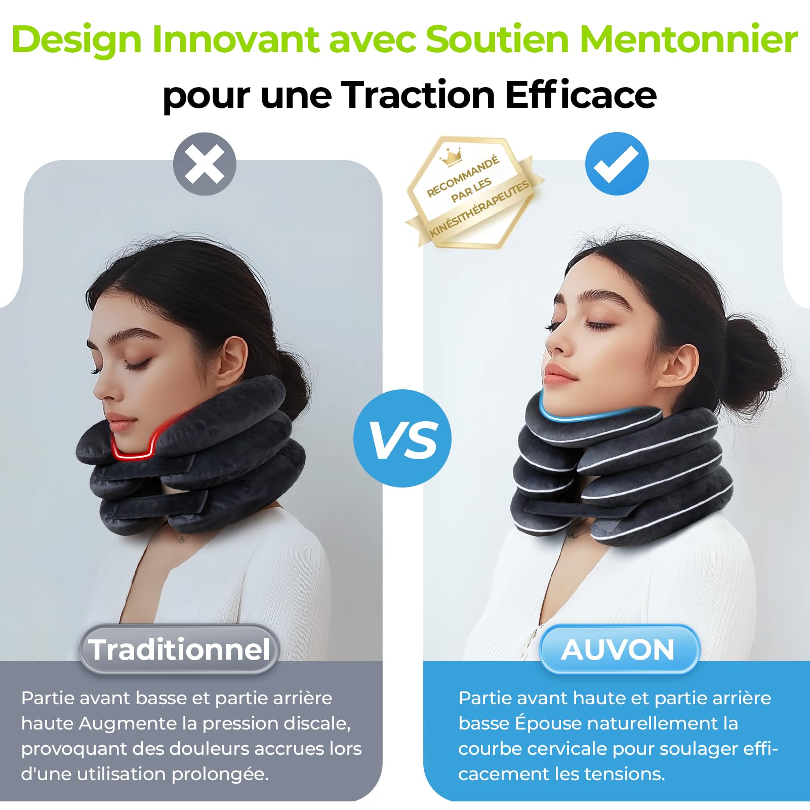 AUVON Coussin de nuque gonflable pour traction cervicale avec design d'étirement à 3 couches et design de soutien du menton, coussin de nuque pour soulager la douleur, soutien du cou pour les