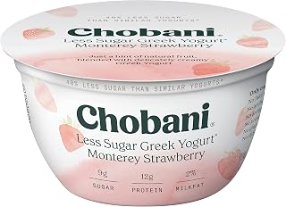 Chobani Less Sugar Monterey Strawberry Greek Yogurt 5.3oz - 40% Less Sugar, 12g Protein, Natural Ingredients