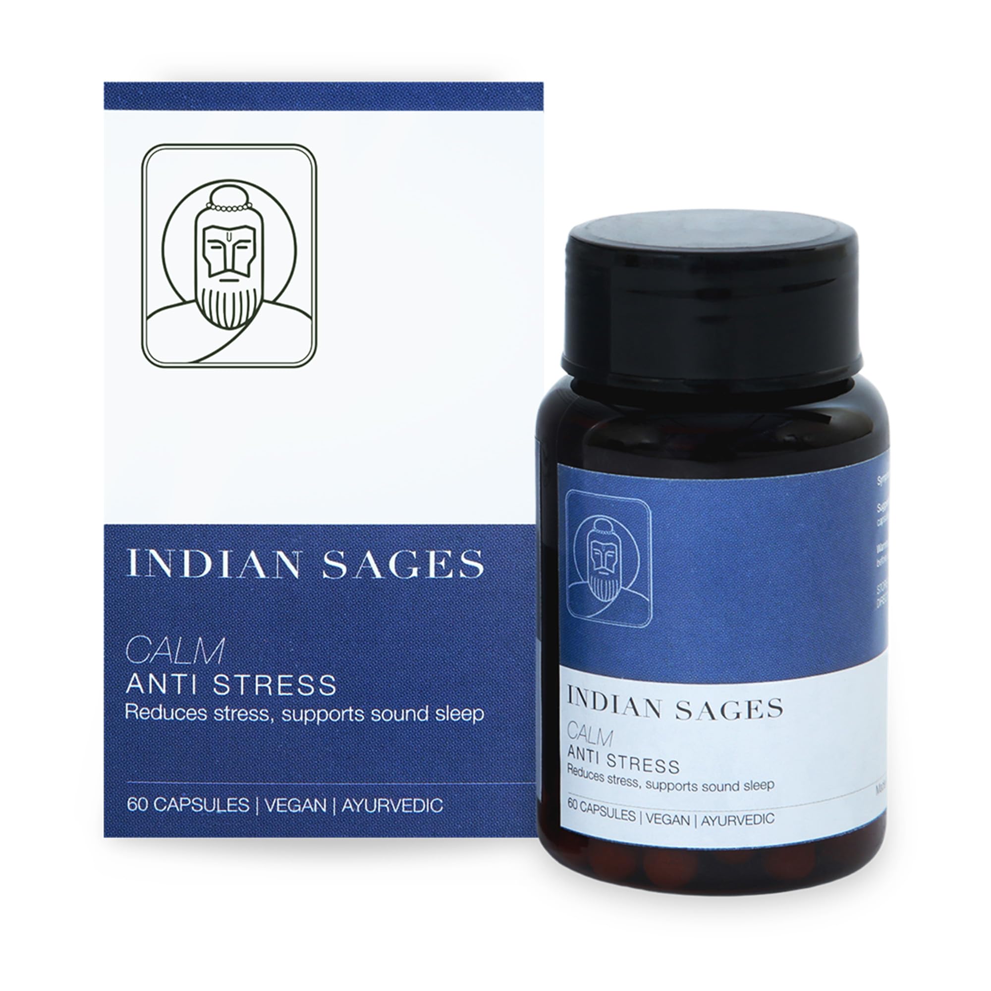 Indian Sages CALM Ashwagandha Anxiety Relief Ayurvedic Capsules - Anti Stress | Organic Ingredients from Himalaya | Ashwagandha and Brahmi | Ideal for men and women with depression | 60 Caps