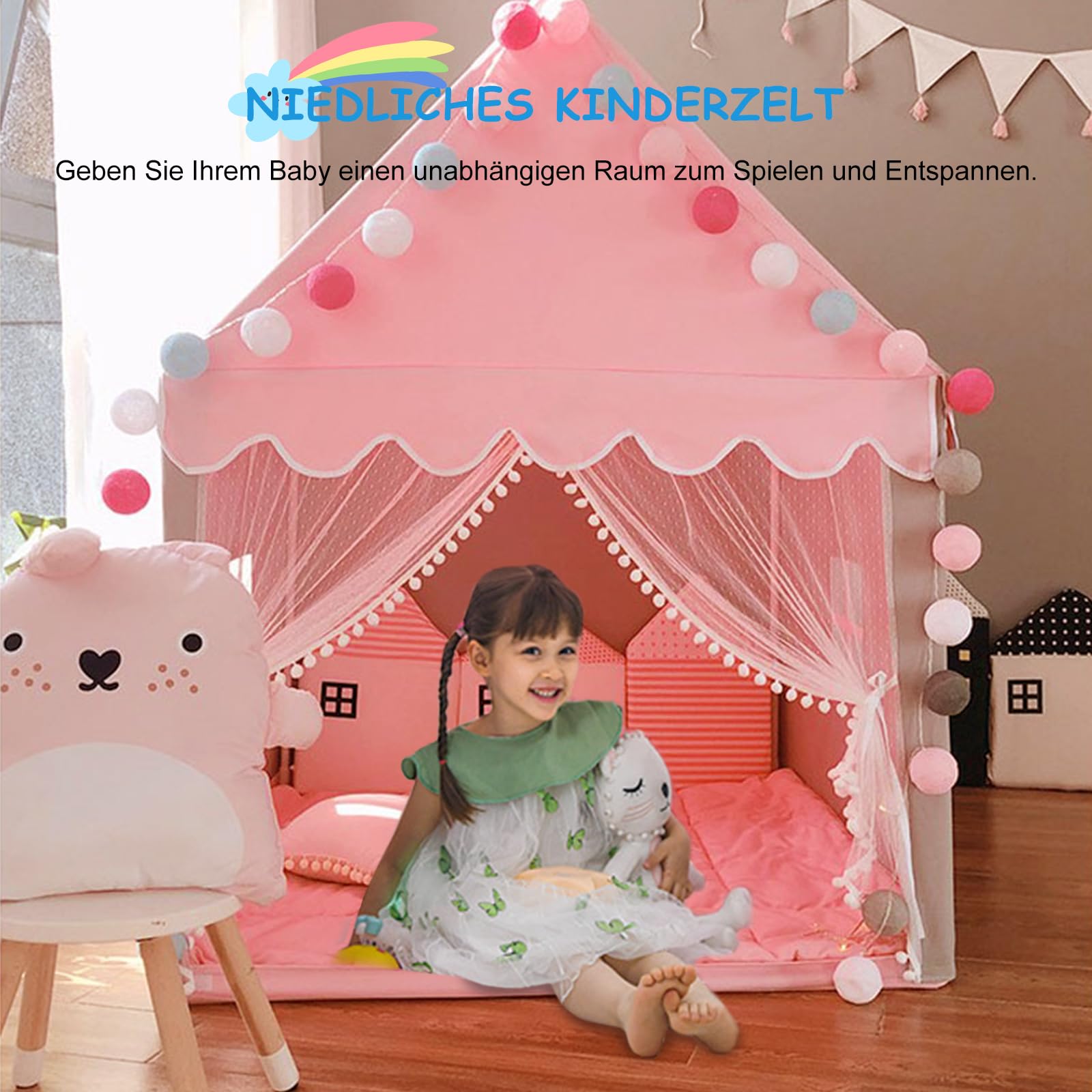 Ergocar Tipi Zelt für Kinder, Kinderzelt für Drinnen Mädchen, Draußen Spielzelt für Jungs, Prinzessin Prinz Traumschloss mit Farbige Kugeln & Sternlichter, Zelt Kinderzimmer Geburtstag Geschenk
