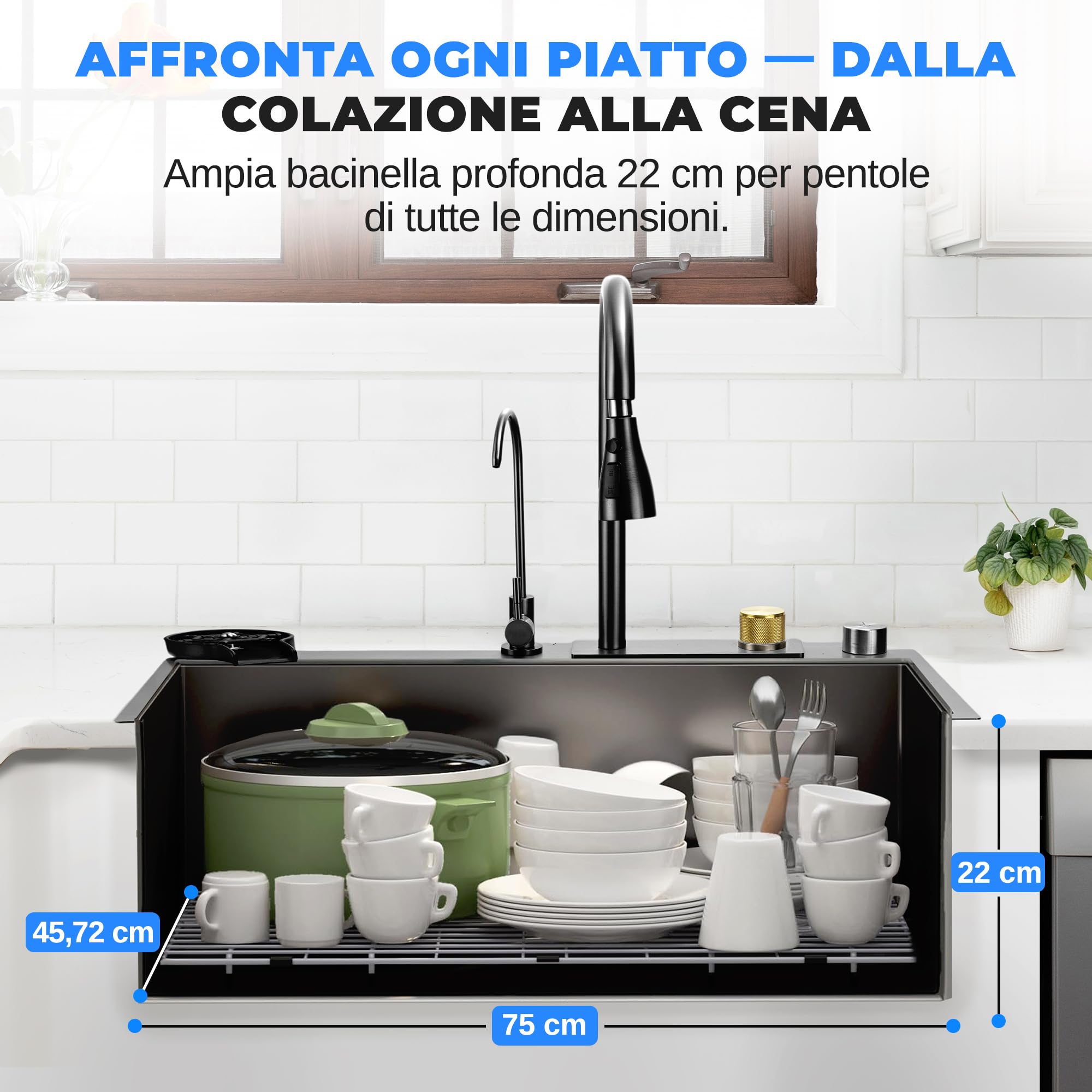 SereneLife Lavello Cucina 1 Vasca in Acciaio Inox Nero 75x46x22 cm, Lavandino Cucina con Scolapiatti, Cestello Filtro, Vassoio e Tagliere