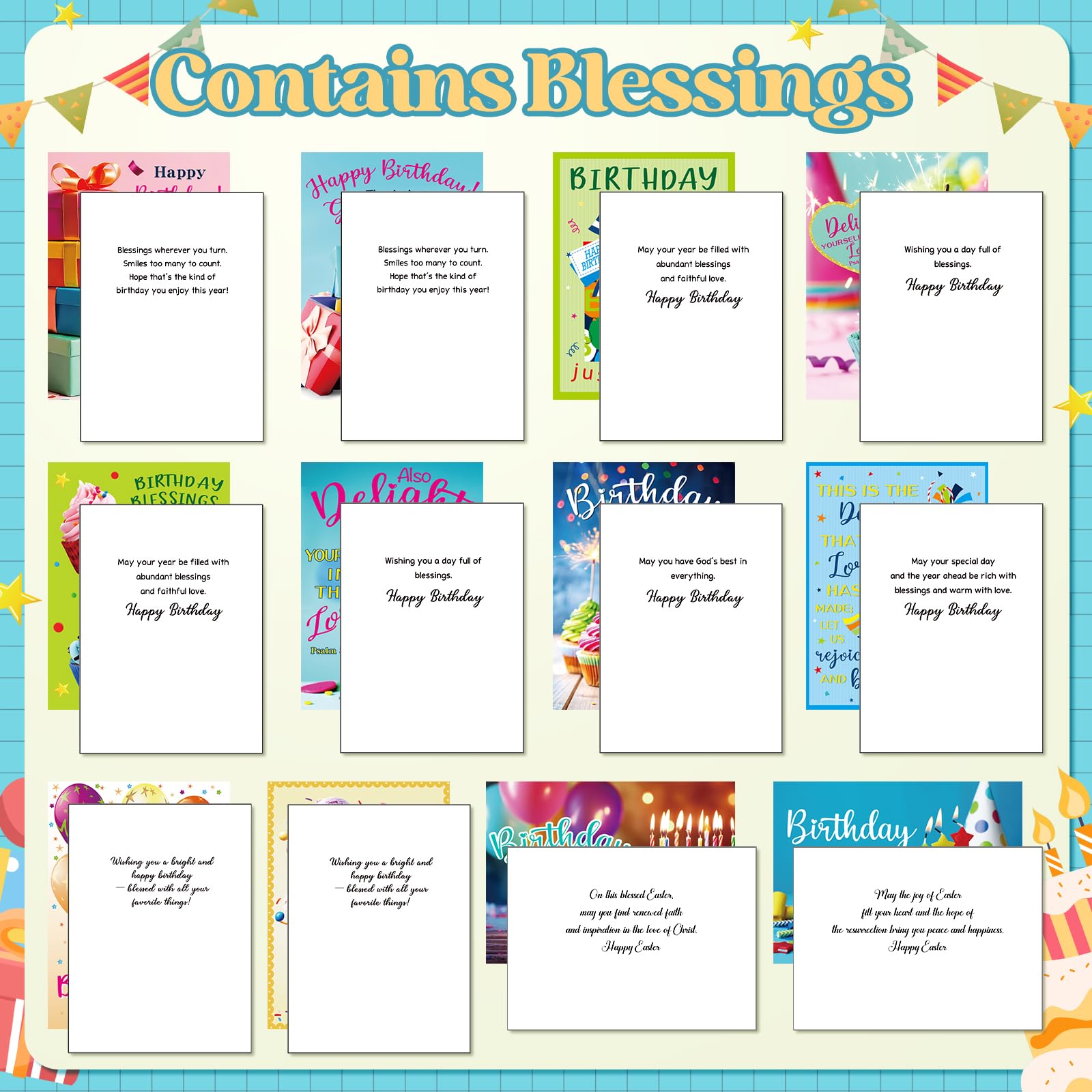 Motiskyy Lot de 120 cartes d'anniversaire religieuses chrétiennes en vrac avec verset de la Bible - 11,4 x 15,7 cm - Cartes de vœux chrétiennes assorties pour anniversaire avec enveloppes et
