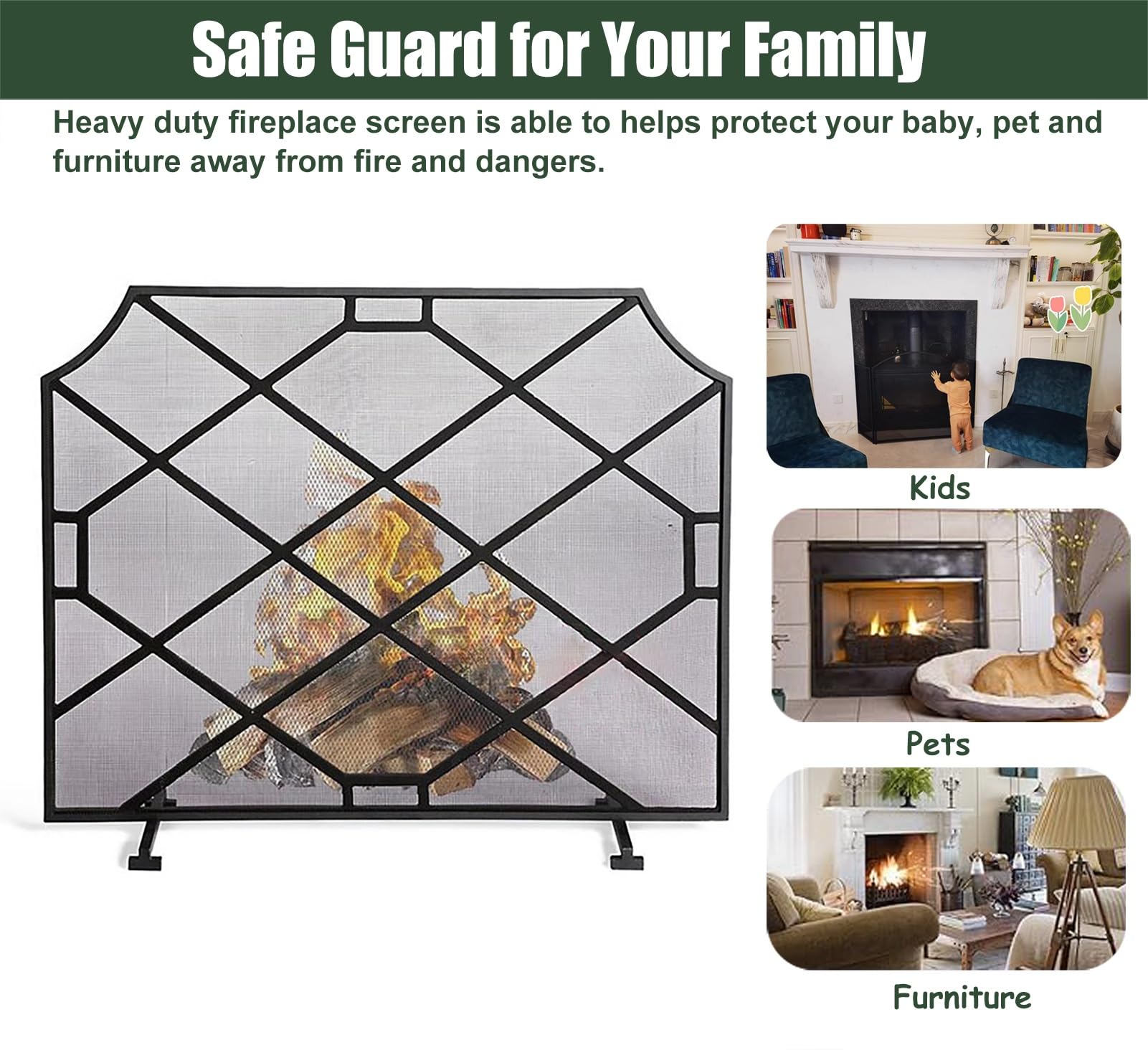 Salvachispas Chimenea Mamparas para Chimenea de Un Solo Panel de Color Negro, Protector de Estufa Resistente para Uso Doméstico, Protector de Rejilla Antichispas de Gran Tamaño, Malla a Prueba de Bebé