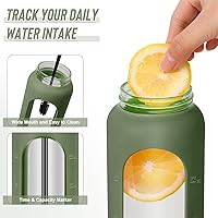 Vista 5 de Botellas de agua de vidrio de 32 oz - Vaso motivacional de 1 litro con marcador de tiempo - Vidrio de borosilicato con funda de silicona y 2 tapas