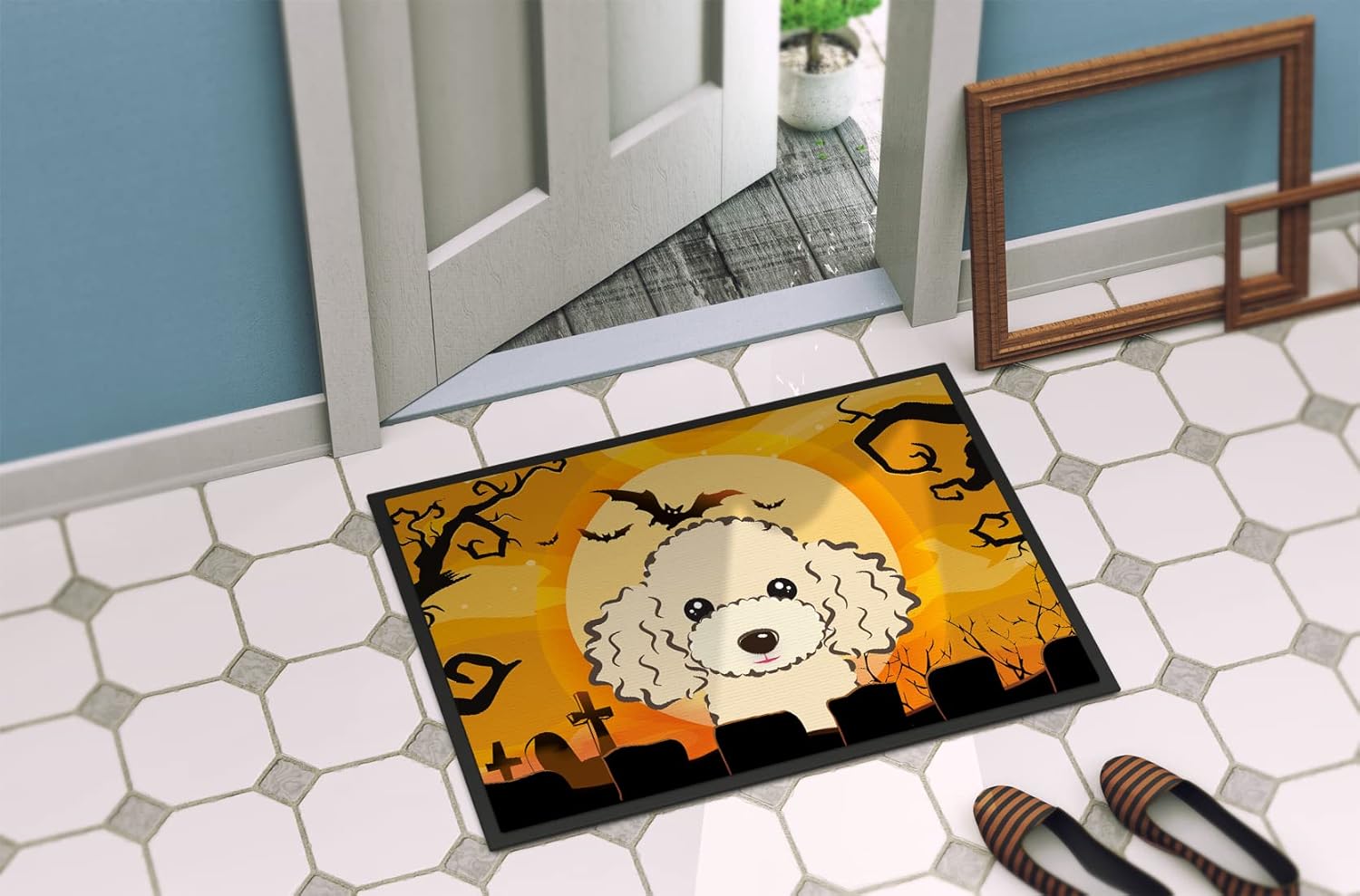 Caroline's Treasures BB1816JMAT Halloween Buff Poodle Doormat 24x36 Front Door Mat Indoor Outdoor Rugs for Entryway, Non Slip Washable Low Pile, 24H X 36W