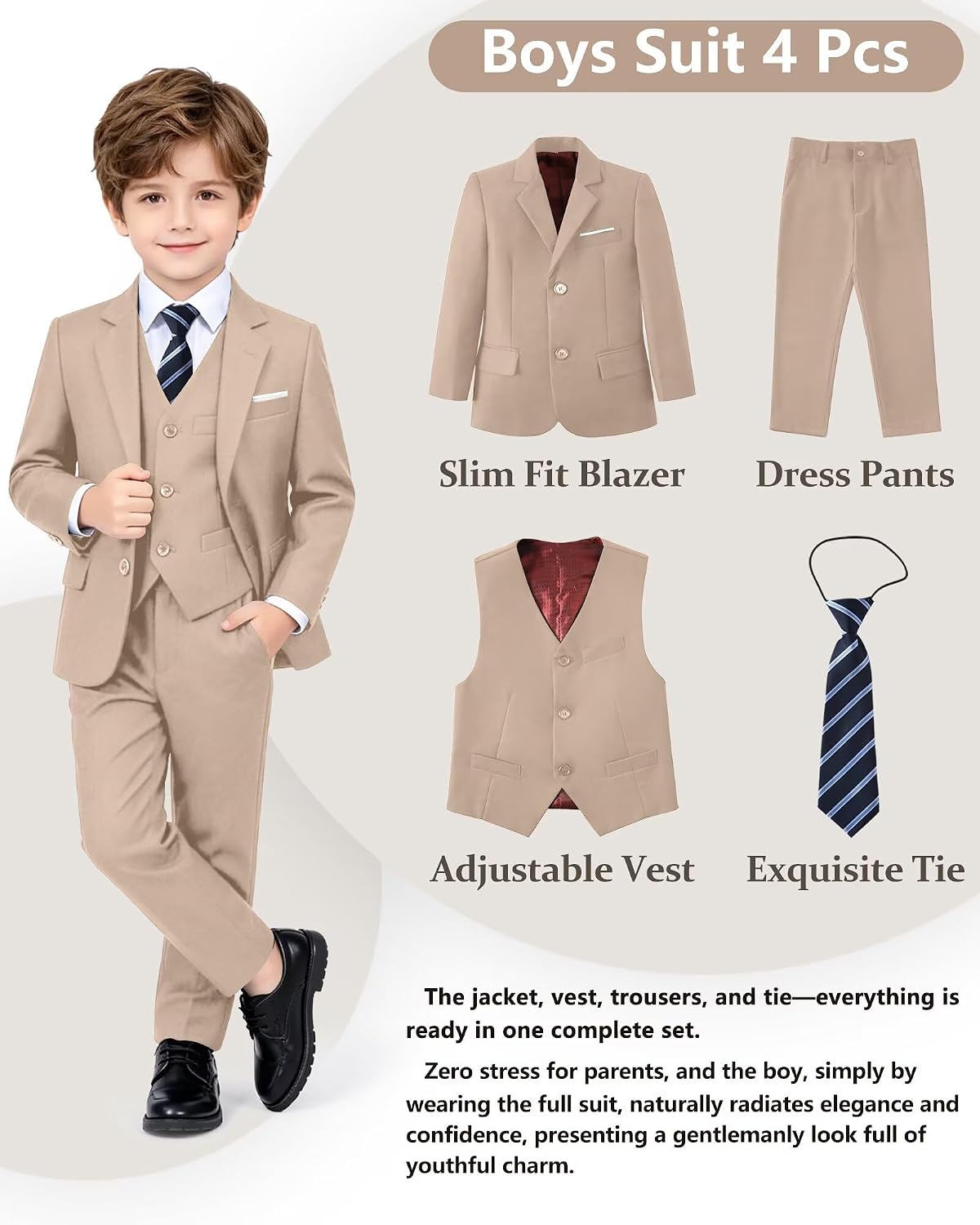 Boys Suit 4 Pieces Slim Fit Set Suits Kids Formal Wedding Tuxedo Outfit