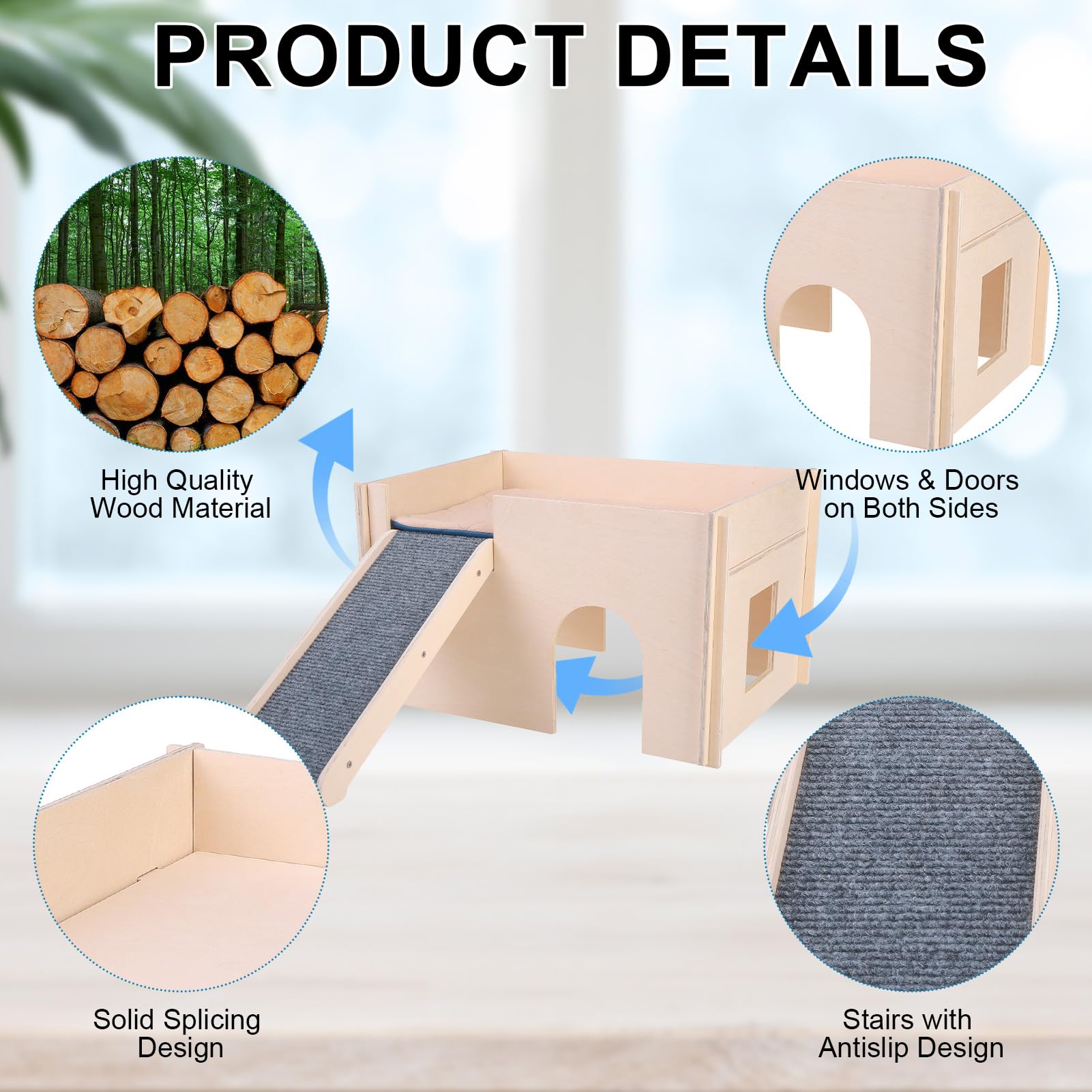 PAWCHIE Wooden Guinea Pig Hideout with Pee Pad Set, Detachable Small Animal House Bed Hut Habitats with Stairs and Windows - Image 2