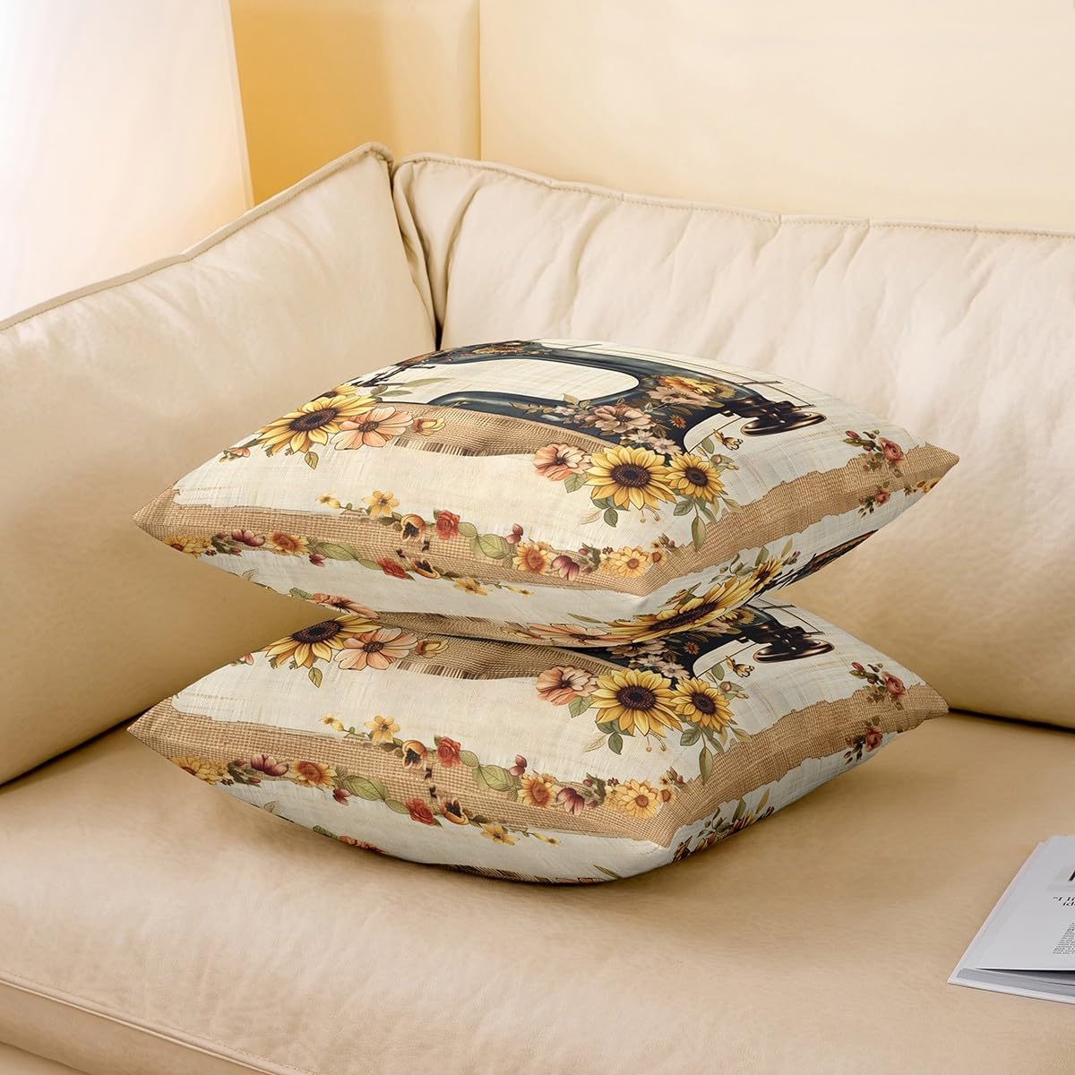 Retro Sewing Machine Pillow Covers for Sofa Couch Chair Rustic Sunflower Throw Pillow Covers Sewing Theme Outdoor Pillow Cover Farmhouse Nature Floral Cushion Cover 22"x22",Set of 2 image 3
