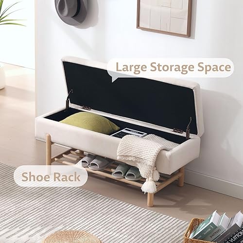 Miniatura 4 de Banco de sherpa beige para dormitorio, extremo de la cama, banco otomano tapizado con asiento acolchado para sala de estar, entrada, lana de cordero