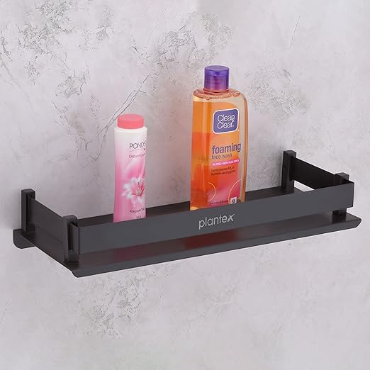 Plantex Stainless Steel Bathroom Shelf/Rack/Storage Organizer for Bathroom and Kitchen/Bathroom Accessories - Wall Mount (Matt Black - 12x5 inches)