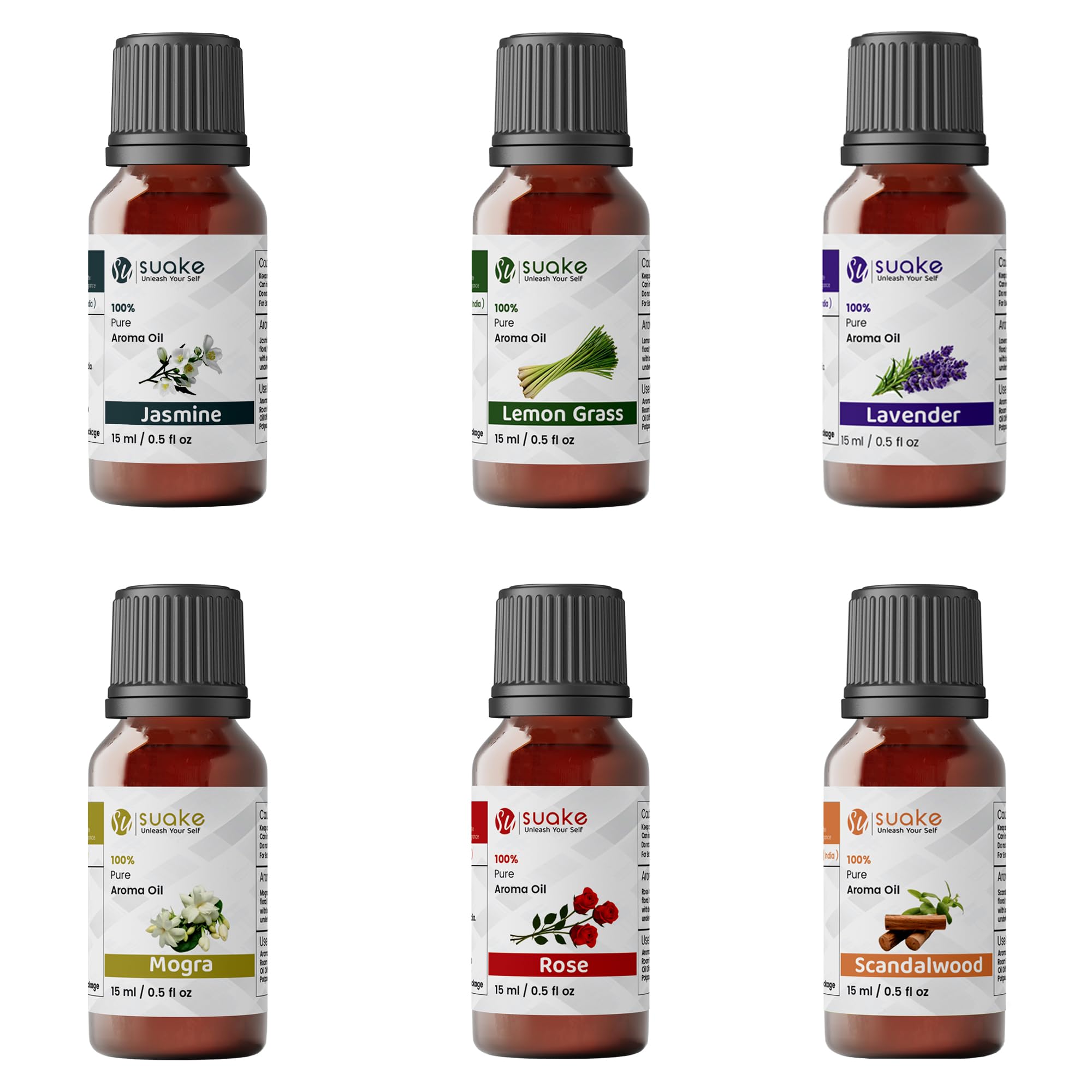 SUAKE Premium Fragrance Oil, Aroma Oil for Home Fragrance | Best for Aromatherapy | Helps in meditation | Used in Diffusers, Candles, Air Fresheners, Soaps, Fragrance Includes Lavender, Lemongrass, Rose, Jasmine, Sandalwood, and Mogra (15 ml Pack Of 6)