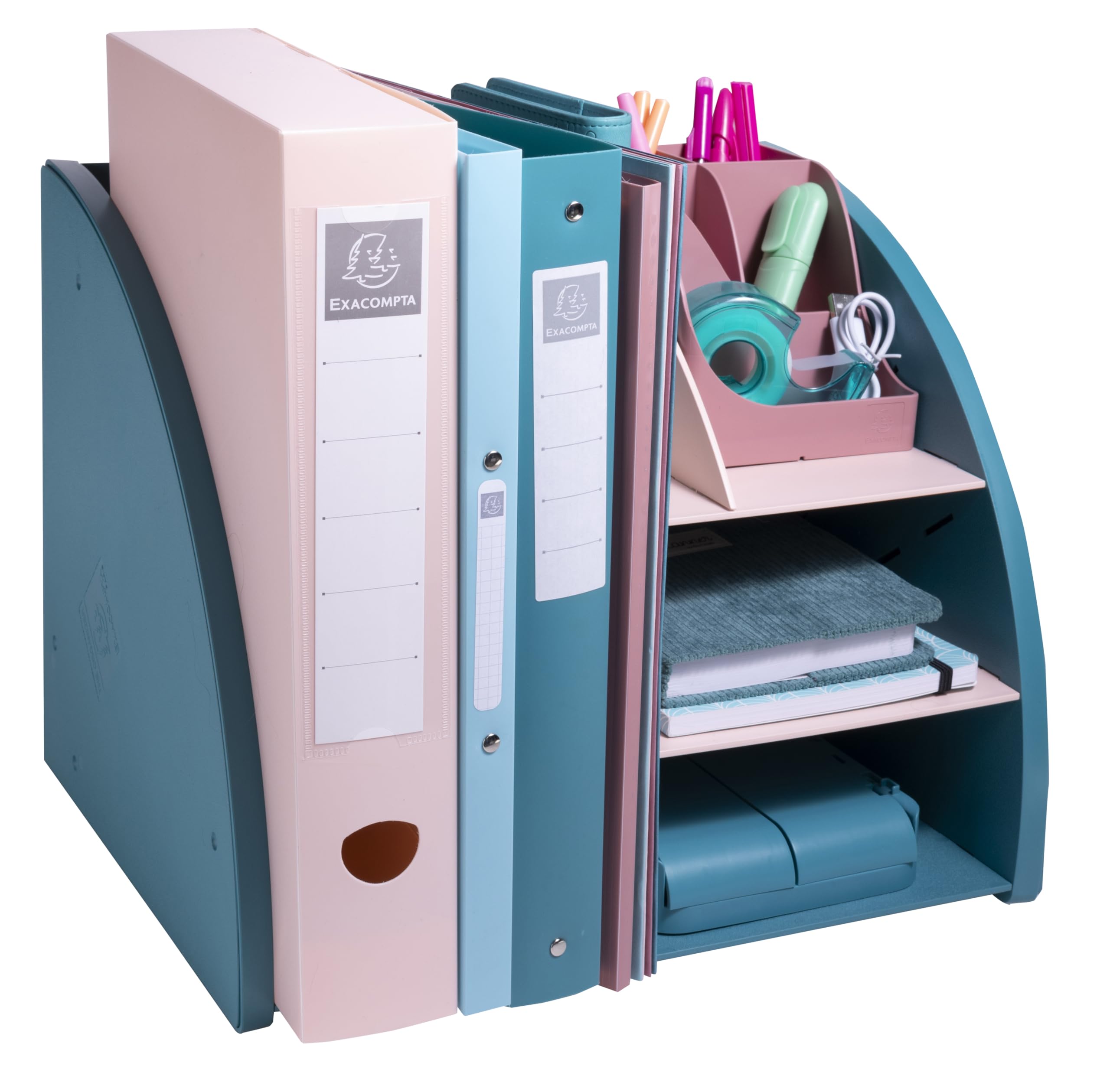 Exacompta - Rif. 394606D - 1 organizer da scrivania, organizer Skandi, accessorio da scrivania multifunzionale 6 scomparti A4, A5, A6 verticale/sdraiato, prof 36 x 29,5 x 6 cm, blu pacifico/nudo