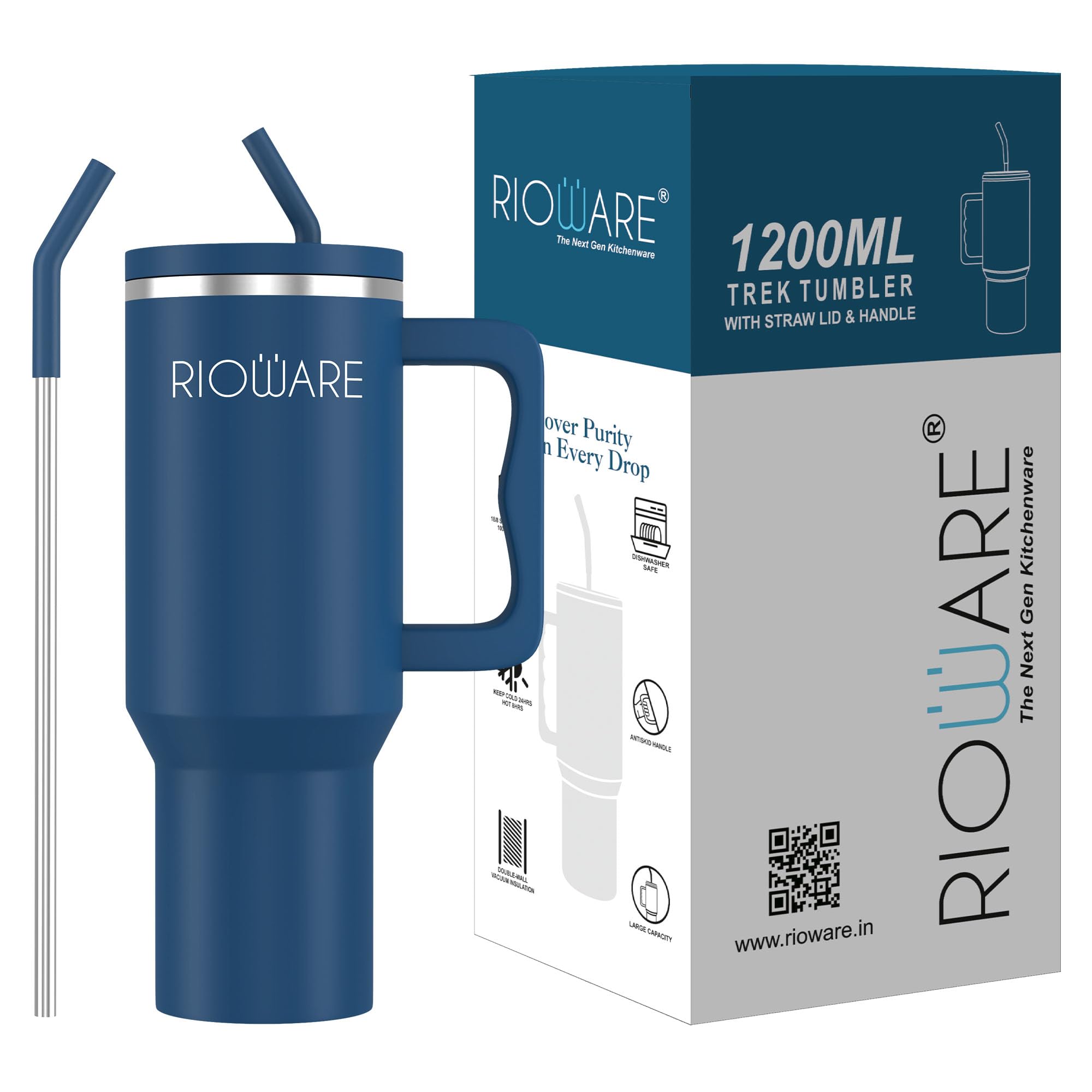 Rioware® 1200 ML Stainless Steel Tumbler Hot and Cold with Handle and Lid and Straw with Silicone Sleeve, Double Insulated Cup 100% Leak Proof Mug Cupholder for Gym, Travelling -Blue (B0D97PL1VV) Amazon Price History, Amazon Price Tracker