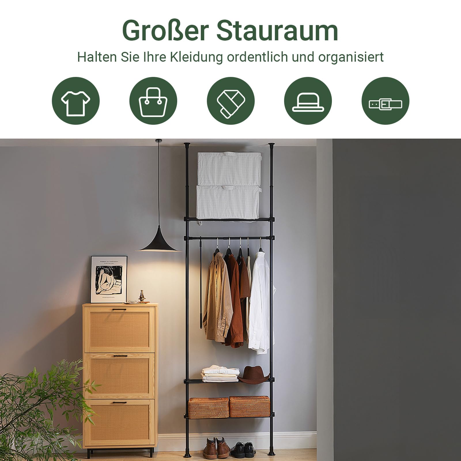 SoBuy Teleskop Kleiderständer, robuster Kleiderstange, verstellbarer offener Kleiderschrank mit Ablagen für Schlafzimmer, Garderobenständer, Schwarz KLS07-SCH
