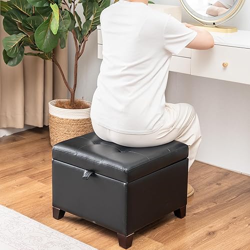 Miniatura 46 de Asense Reposapiés cuadrado tapizado de piel sintética con patas de madera, color gris Style1 Imitación Cuero Gris,Style2 Imitación Cuero