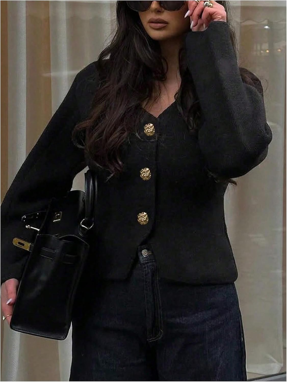 GORGLITTER Women's Metallic Button Down Cardigans Long Sleeve V Neck Knitwear Chunky Sweater - Image 4