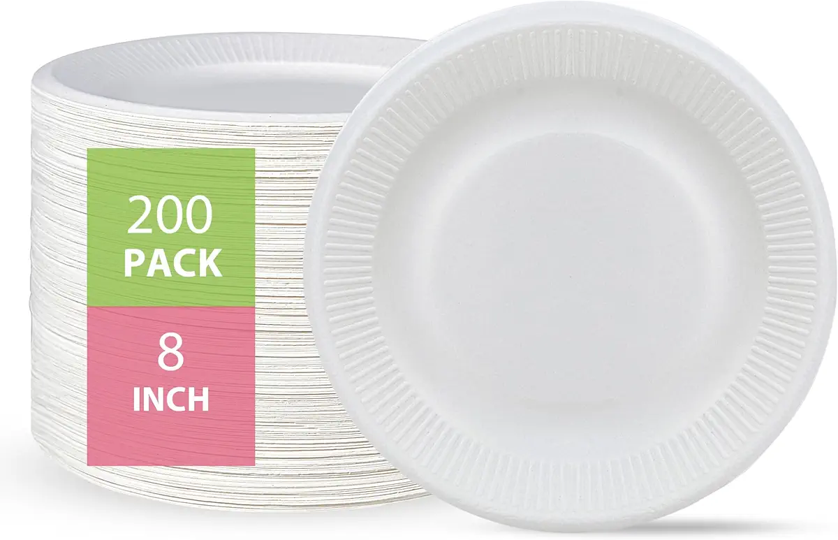 ECOLipak 200 Pack Compostable Paper Plates, 8 inch Paper Plates Uncoated, Biodegradable Eco friendly Sugarcane Plates, Perfect for Sandwich, Cake, and Dessert