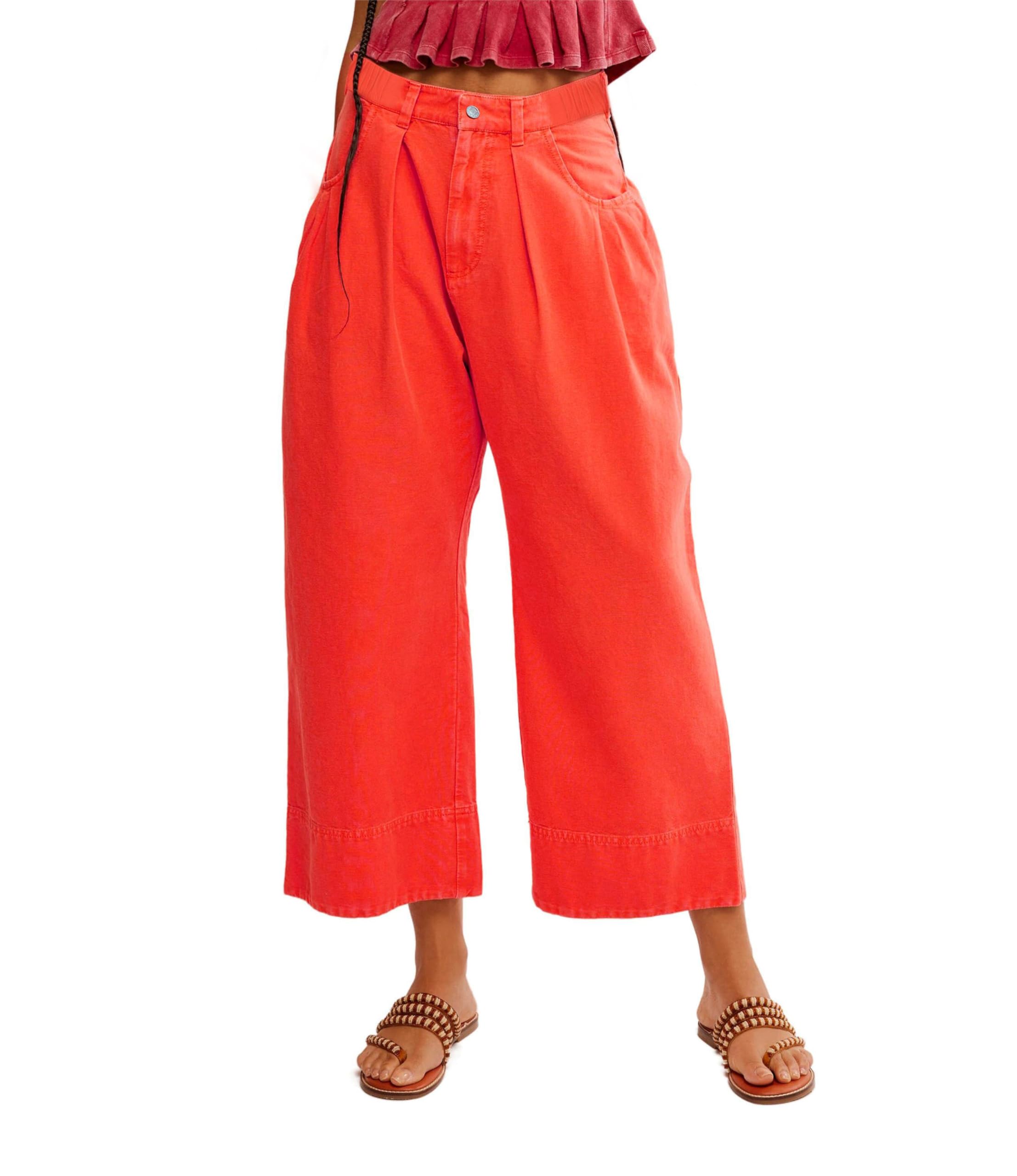 LifeShe Women Cotton Pants Wide Leg Cropped Pant Casual Baggy Elastic Waist Work Office Trousers