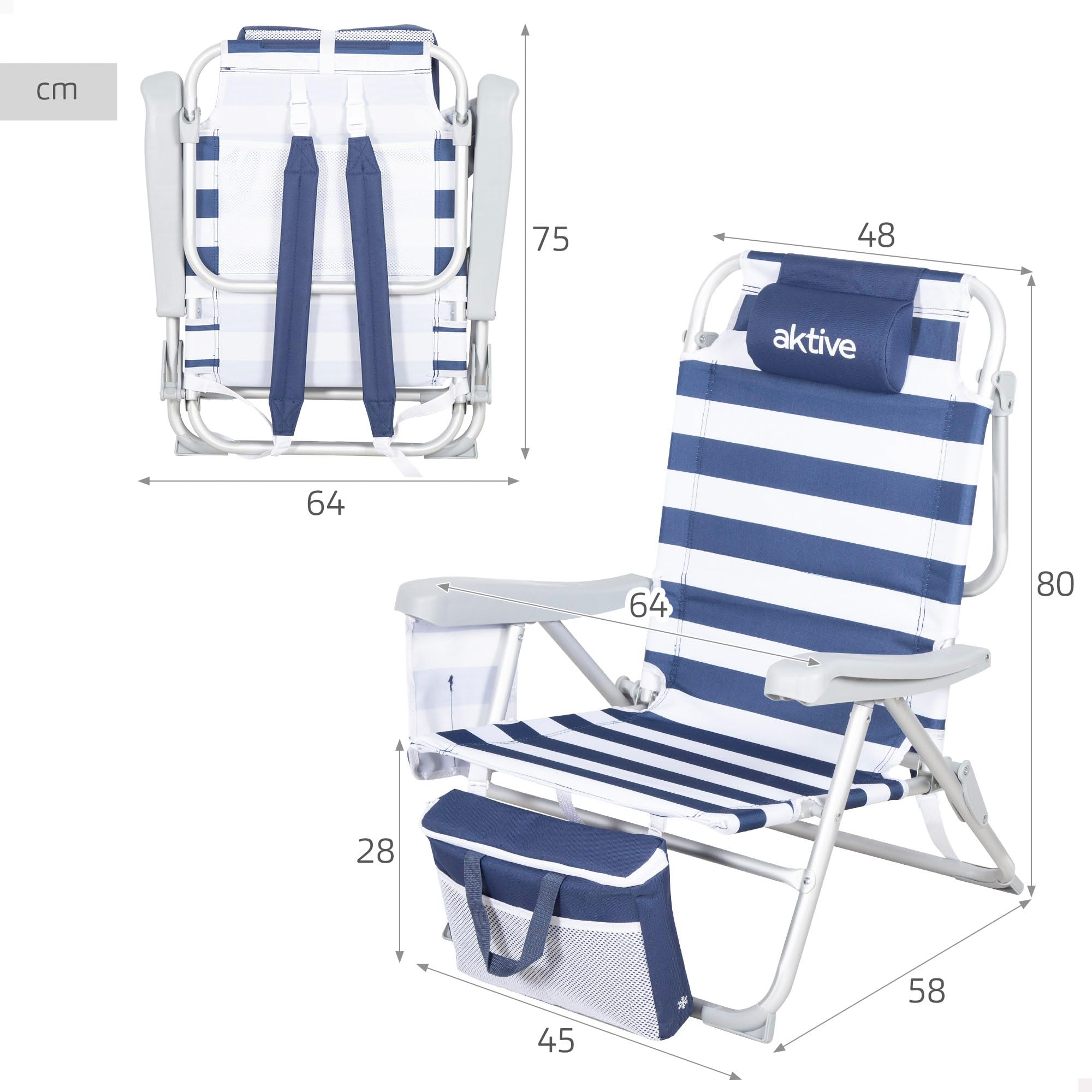AKTIVE Pack 2 sillas Playa, 48x58x80 cm, 5 Posiciones, Rayas marineras, Peso soportado por Silla 110 kg, Cojín, Bolsillos, Posavasos Laterales, Nevera incorporada, Asas Mochila (85540)