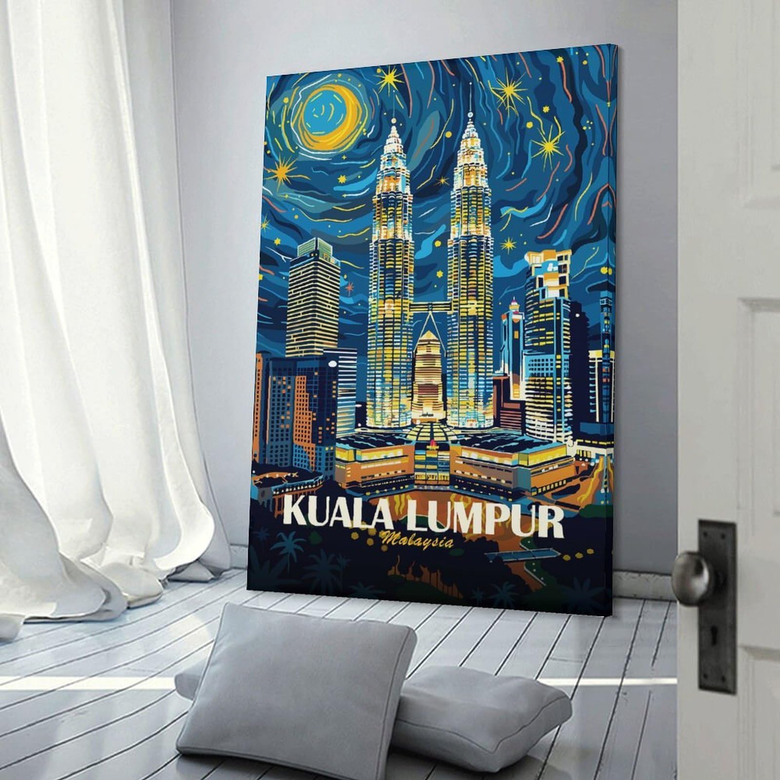 Junmoney Kuala Lumpur Cityscape at Night(2) Hanging Wall Art 20x30inch(50x75cm), for Front Hall, Corridor Or Welcome Spaces, Wall Decor to Refresh Empty Corners