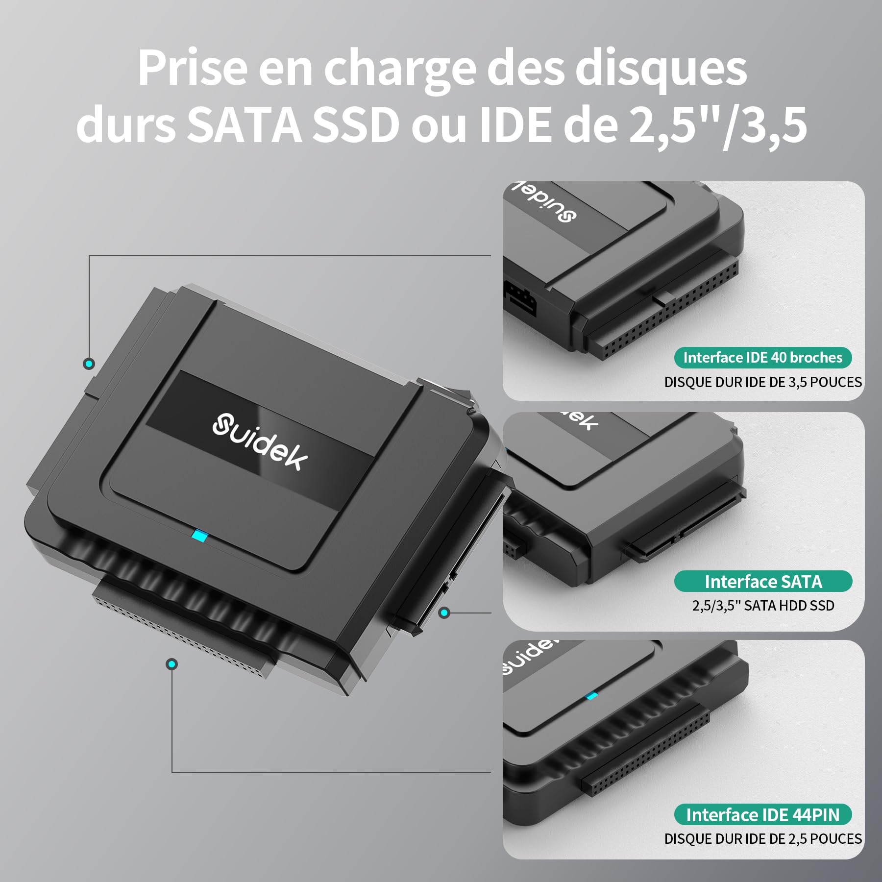 SUIDEK Convertisseur USB 3.0 vers SATA - Lecteur de Disque Dur Externe SATA vers IDE pour Disque Dur HDD/SSD 2,5"/3,5", Adaptateur IDE vers USB C Compatible avec Lecteur Optique