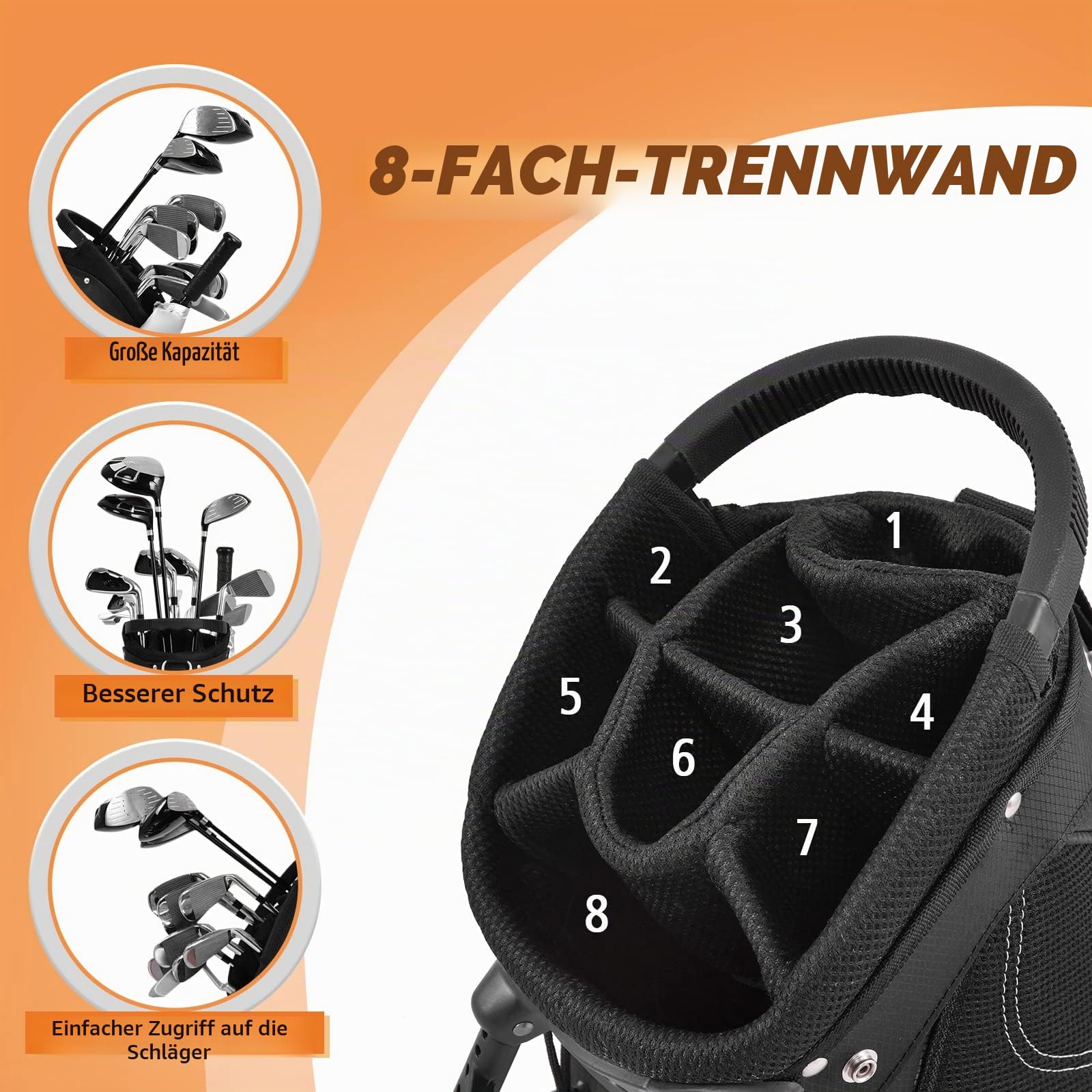 LIFEZEAL Golfschlägertasche mit Ständer, Golftasche mit 8 Fächern & doppelten Trägern, Golf Tasche für Männer und Frauen, 28 x 21 x 89,5 cm