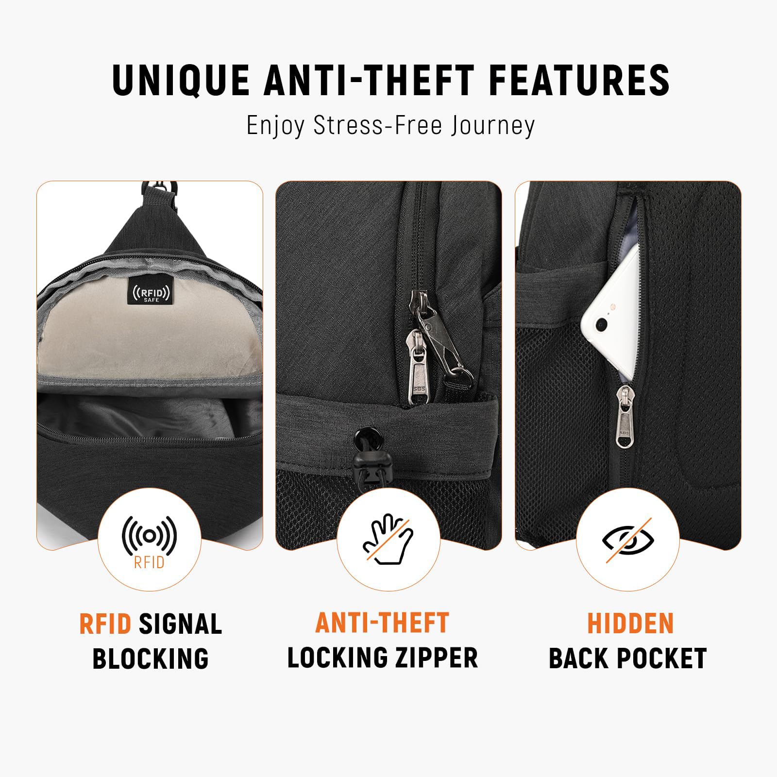 Bolso bandolera antirrobo RFID Travel Cross Body Shoulder Sling Mochila, Negro, Mediana, Bolso bandolera antirrobo 2