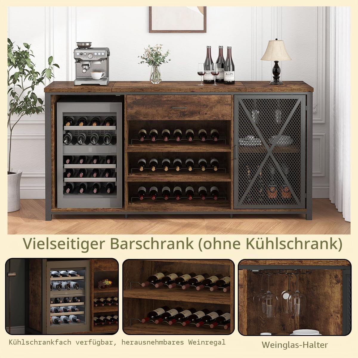 LVB Weinbarschrank mit Kühlschrank Platz Rustikaler Langer Barschränke mit Schubladen Stauraum Landhaus Holz Metall Wein Schrank Mit Regal Sideboard Büfett Für Küche Esszimmer Rustikales Braun 180cm