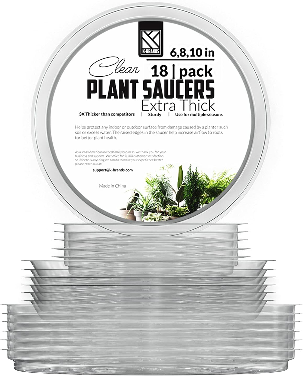 K-Brands Clear Plant Saucers 18 Pack of 6, 8, 10 Inch – Extra Thick Plastic Plant Trays - Water Tray for Indoor and Outdoor Use - Perfect for Flower Pots with Drainage Holes : Patio, Lawn & Garden