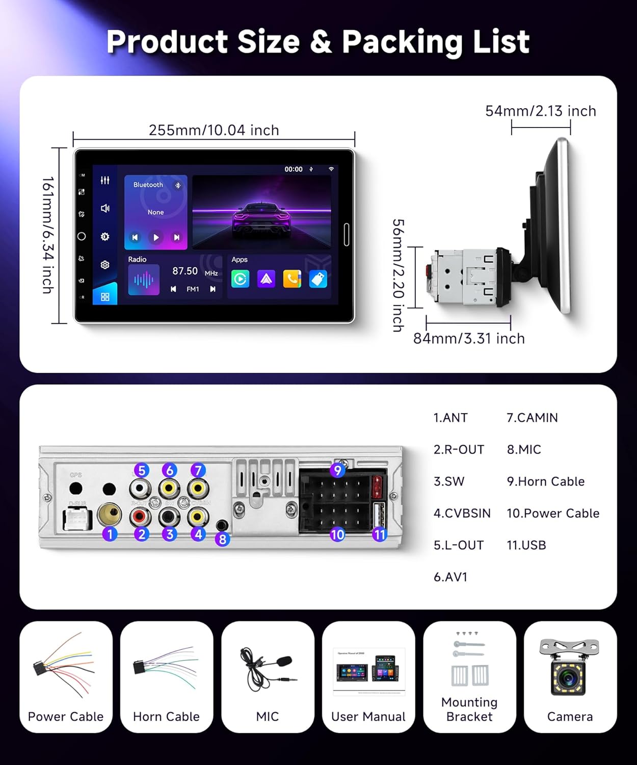 Product size and packing list diagram
